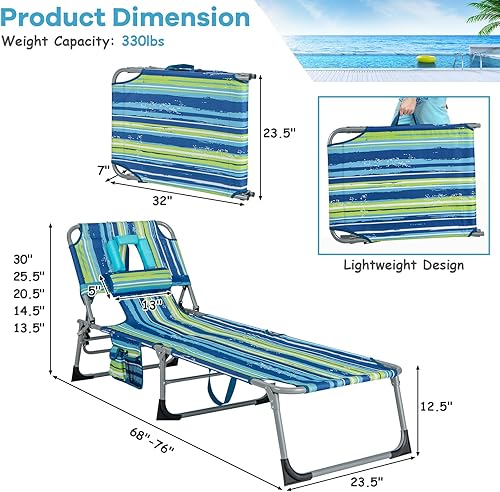 Miniatura 3 de GYMAX Silla bronceadora, tumbona de playa plegable con agujero para el brazo facial, respaldo ajustable, bolsillo lateral y asa de transporte, silla