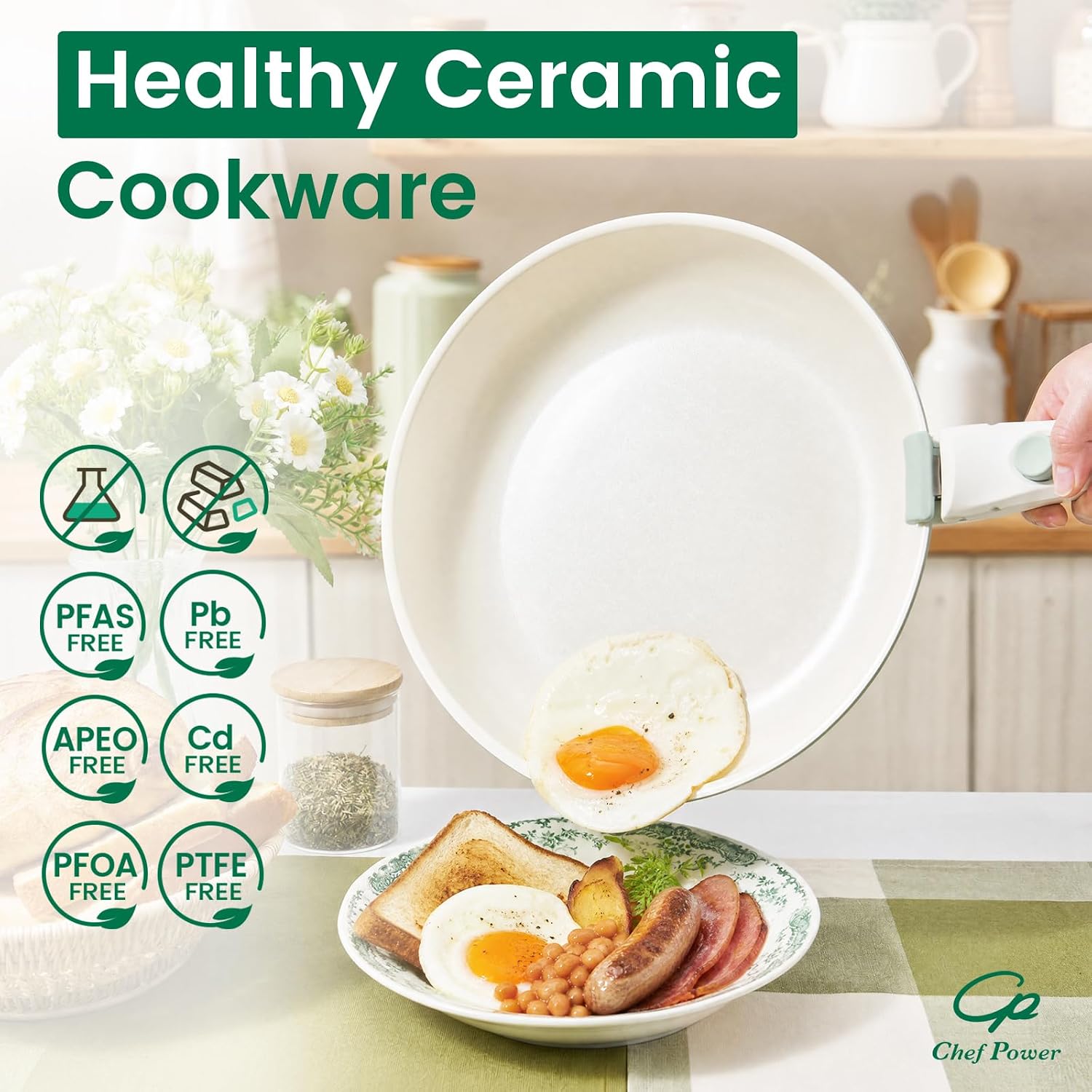 Chef Power Ceramic Cookware Set Non Toxic with Detachable Handles, Healthy Nonstick Decal Pans and Pots Set 14 Pcs, Induction Dishwasher Oven Safe Kitchen Set, Light Green with Olive branch