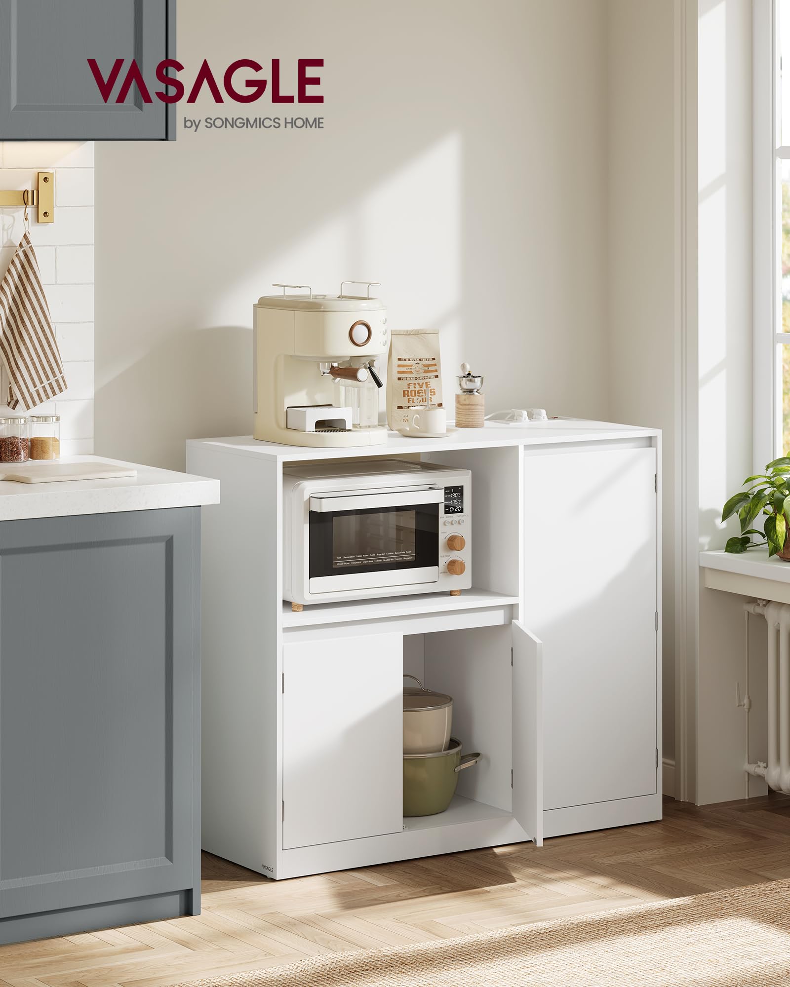 VASAGLE Custos Kollektion - Küchenschrank, Aufbewahrungsschrank, Sideboard mit Arbeitsplatte, Mikrowellenregal, mit 1 offenem Fach, 3 Türen, verstellbaren Ablagen, wolkenweiß BBK373WB01