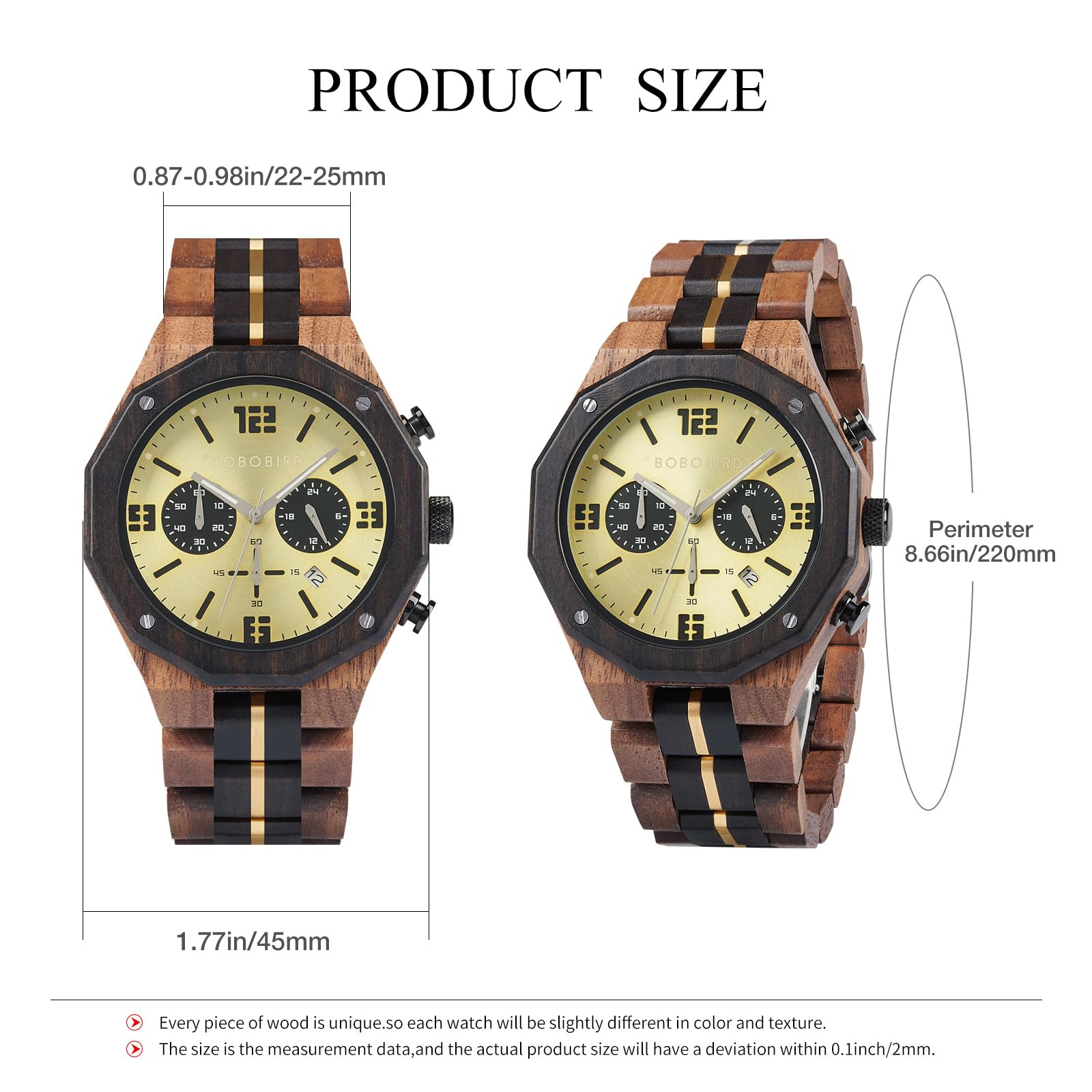 BOBO BIRD Orologio da uomo in legno, sportivo, moderno, casual, cronografo, al quarzo, orologio da polso da uomo, cinturino in acciaio inossidabile con visualizzazione della data (oro), oro, M