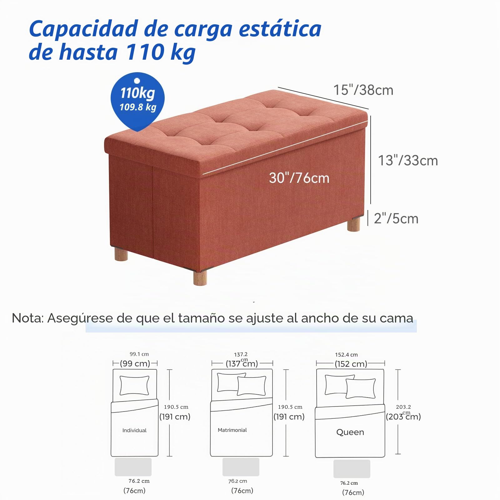 BRIAN & DANY Puff Almacenaje, Baul Almacenaje Dormitorio, Banco Almacenaje con Pies de Taburete, Naranja, 76 x 38 x 38 cm