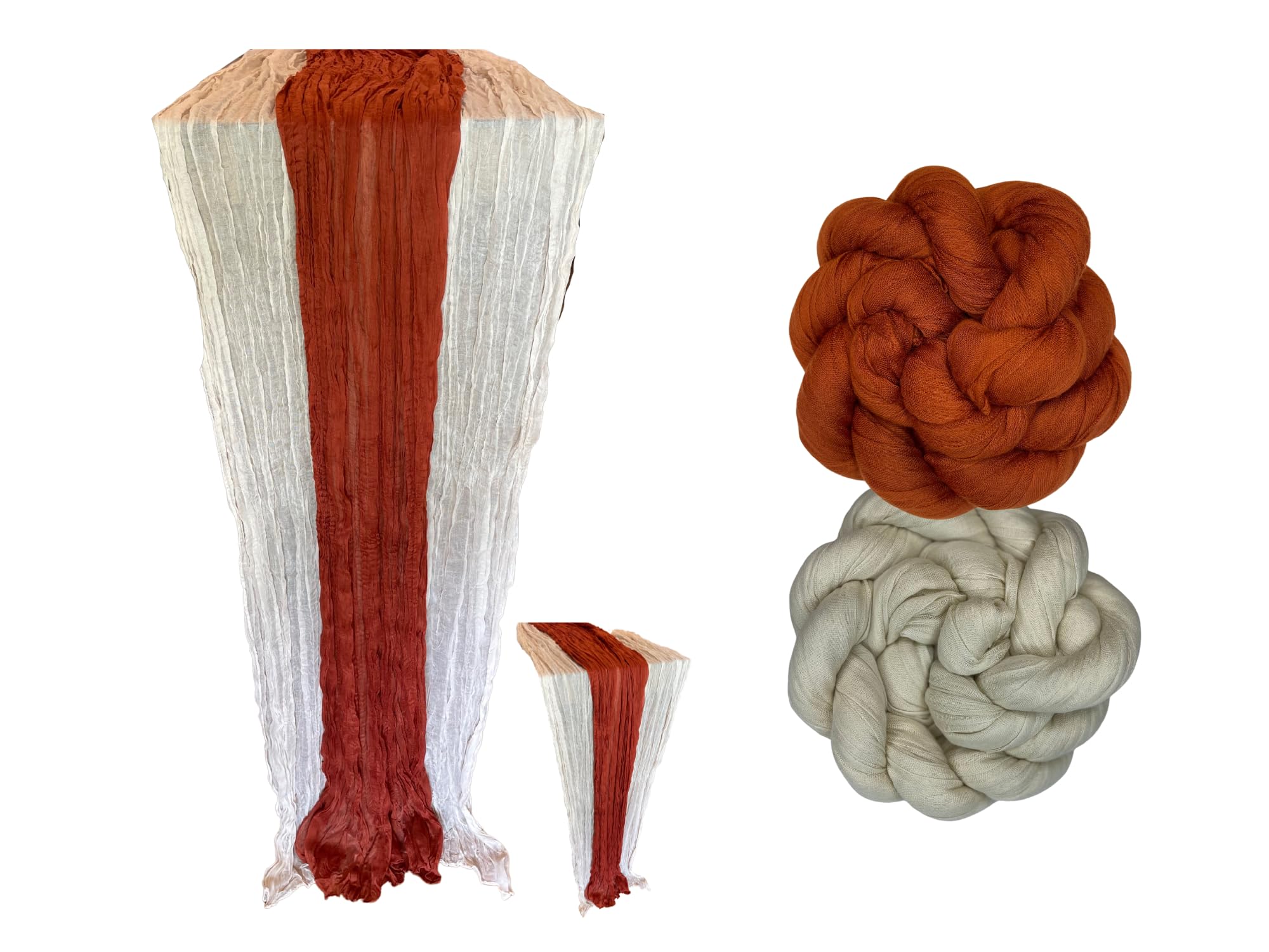 2-for-1 Terracotta & Ivory Cheesecloth Table Runner Set; 13ft Terracotta Runner, 13ft Ivory Runner, Sheer Gauze Fabric Decor Set, 2 Pack Set