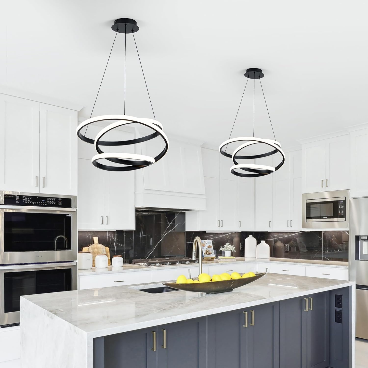 Mayful Modern Chandelier with Remote Control, 3-Color Dimmable LED Pendant Light Fixtures, Height Adjustable Kitchen Island Lighting for Dining Room,Bedroom,Living Room,Foyer,Office Black 19.7 inches