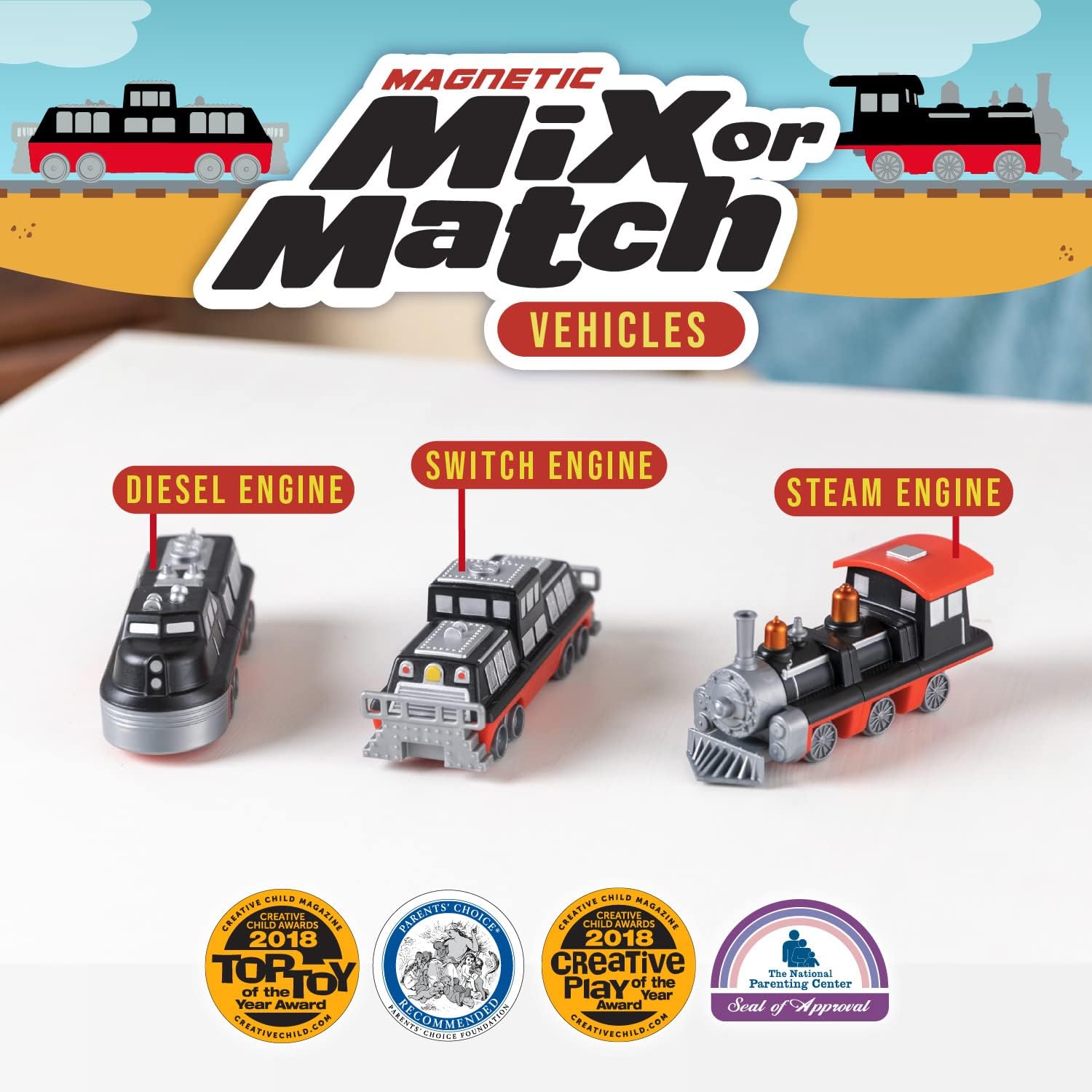 Popular Playthings Magnetic Vehicles for Toddlers 1-3, Mix or Match Car Toys, Set of 3 Gift for Kids - Train - Image 2