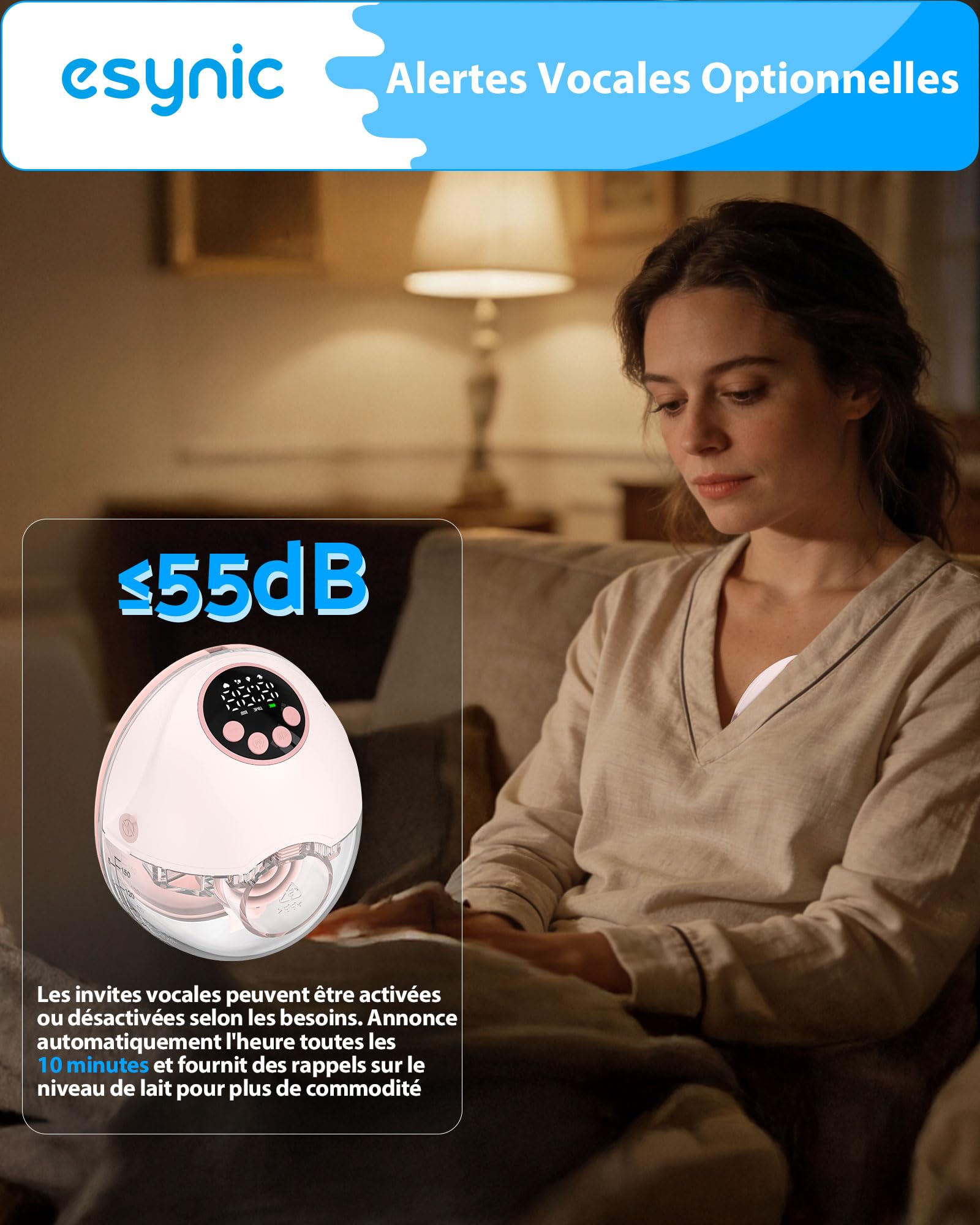 eSynic Tire-lait Électrique Main Libre Portable Diffusion Vocale Détection de Niveau de Lait Anti-éclaboussures 4 Modes 12 Niveaux avec Écran LED Bride 24/21/19mm Pompe Électrique à Lait sans fil-Rose
