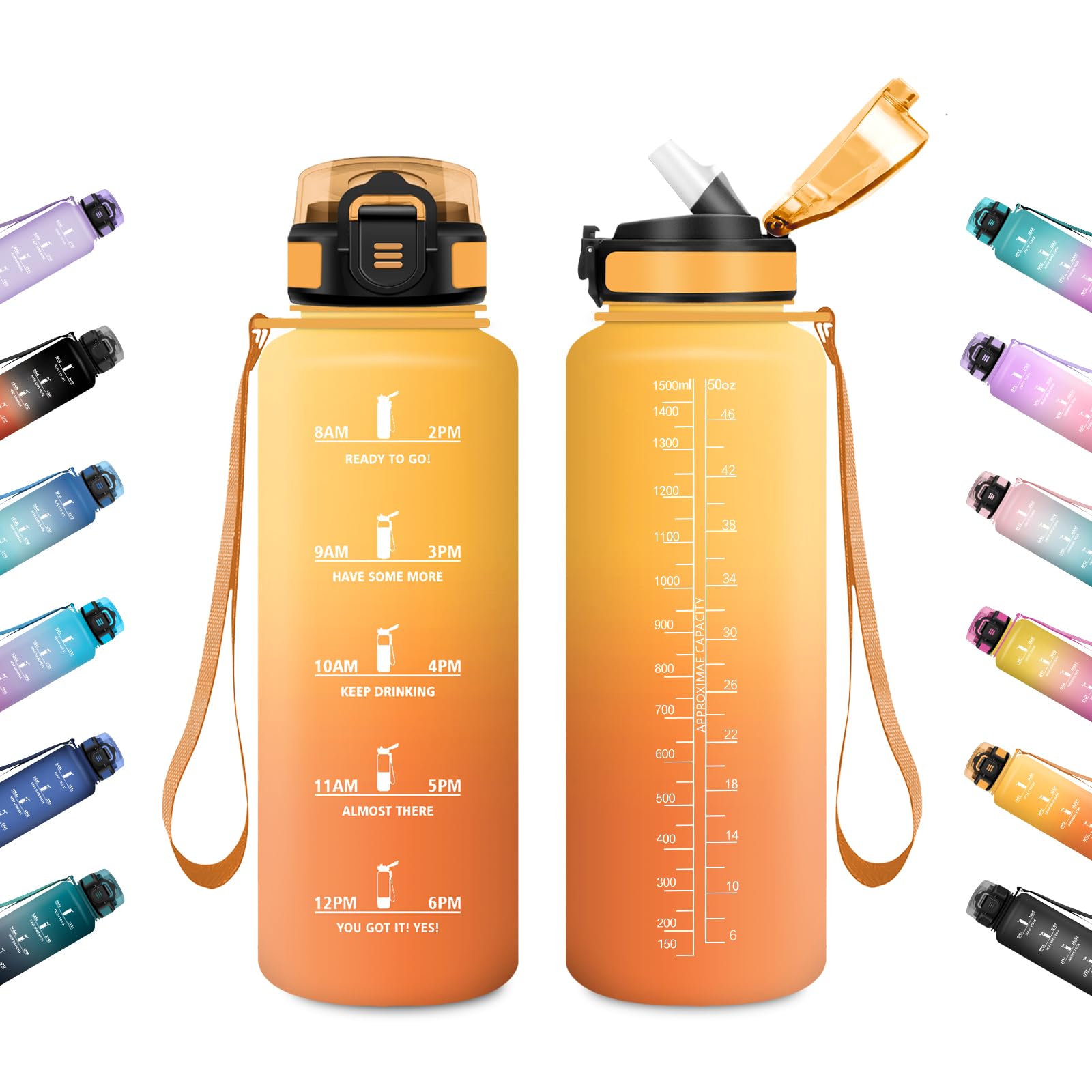 JAPORIA Water Bottle 1.5L Water Bottle with Straw Time Indicator Leakproof Reusable Team Gym Camping