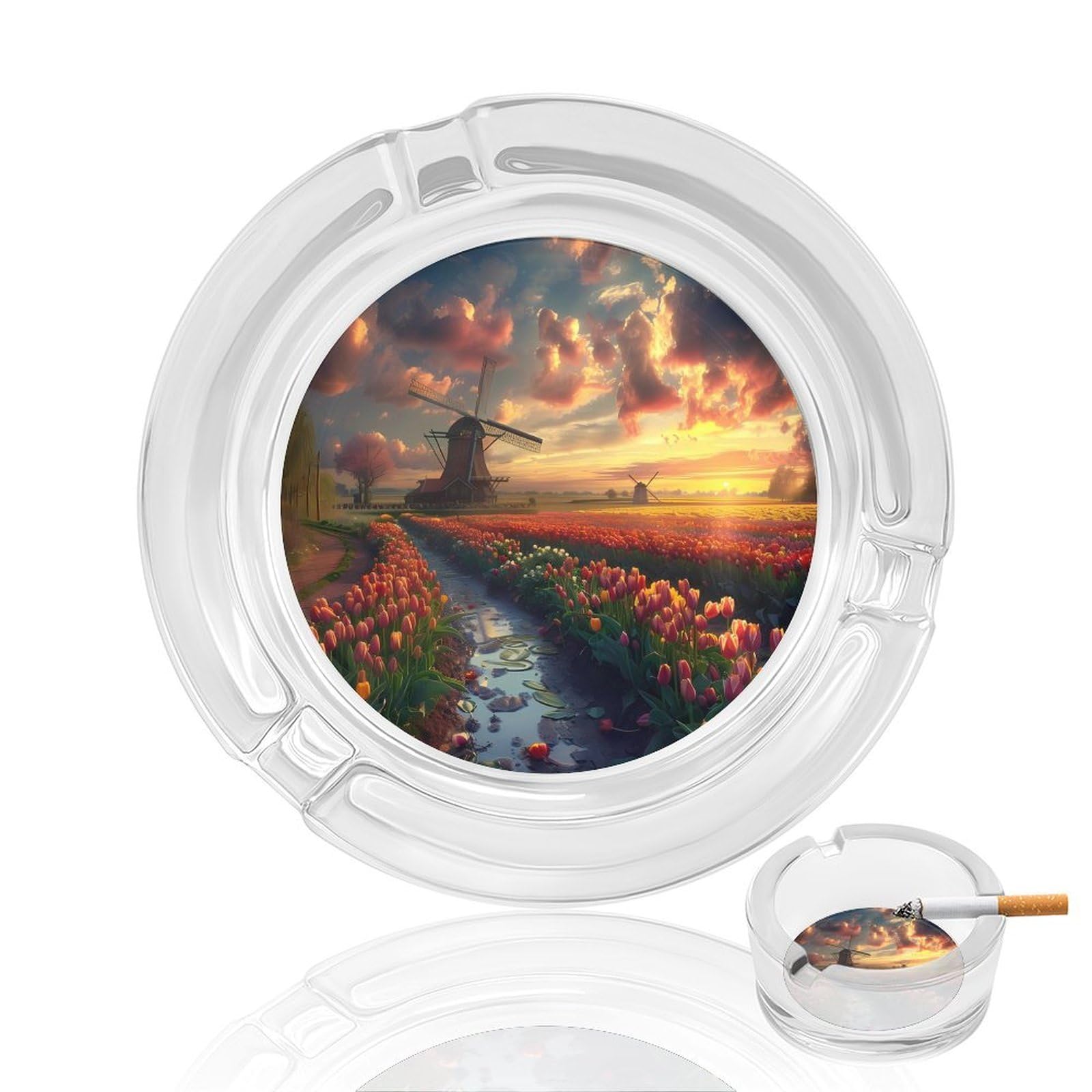 Vibrant Tulips Field with Dutch Windmills Ashtray Portable Round Glass Outdoor Ash Tray for Home Office Garden Pub