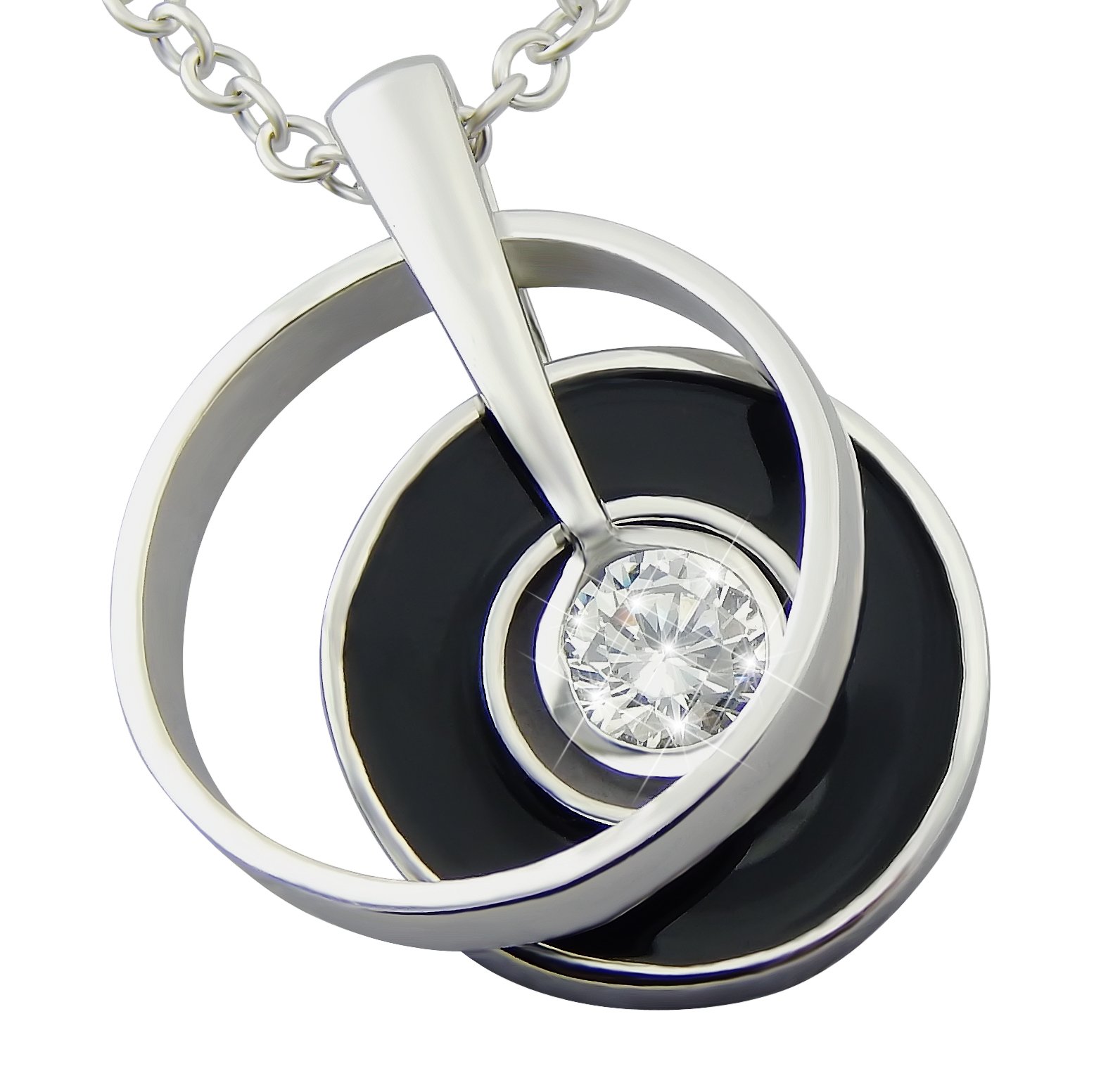 collana e ciondolo da donna in vero argento 925 rodiato, in vero argento con zirconi e resina nera pneumatici mobili nell'anello – regalo di Natale per la donna