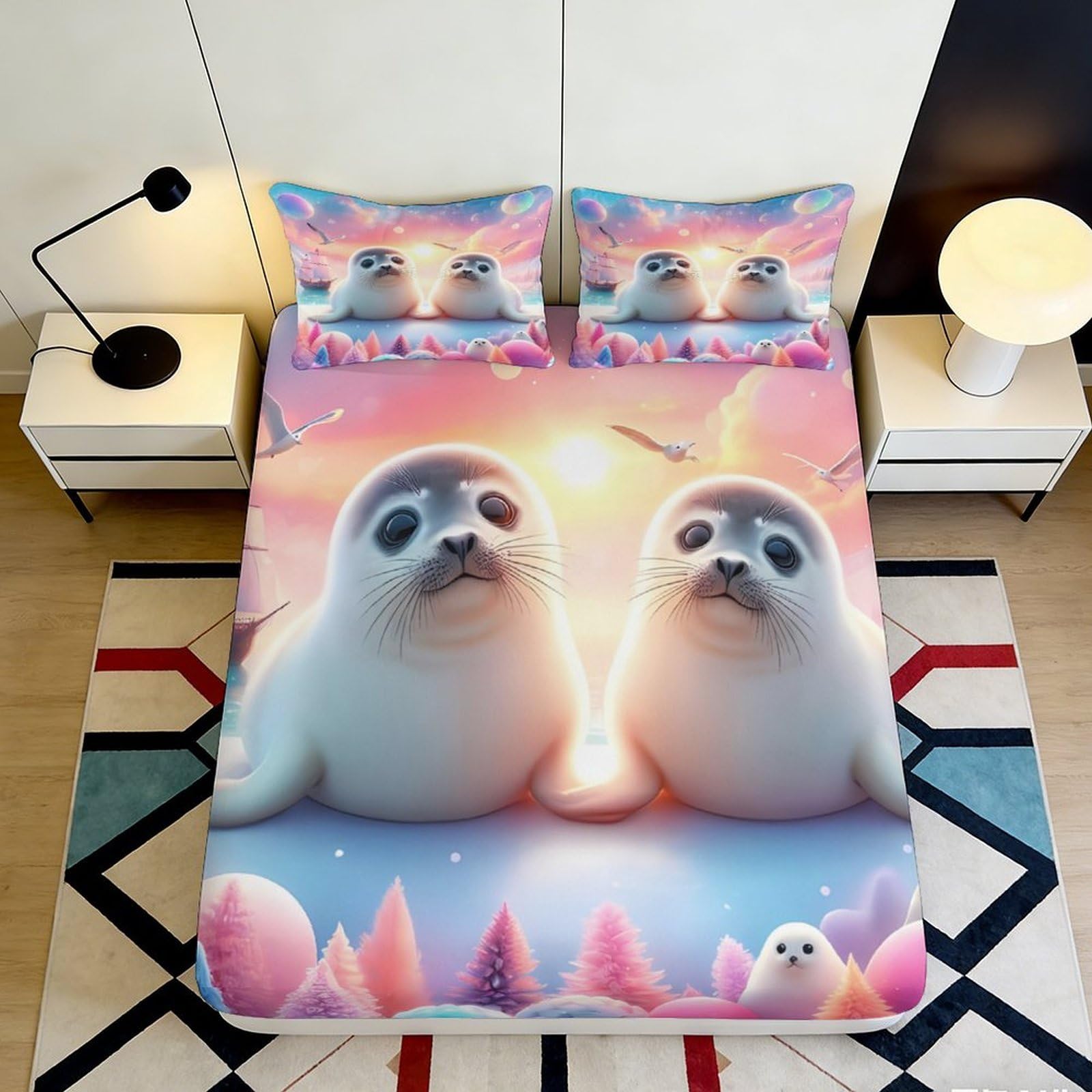 3D Printed Cute Seal Sunset Fitted Sheet Microfiber Soft Pastel Ocean Mattress Cover for Bedroom Dorm Bed Protection 90x200x25cm