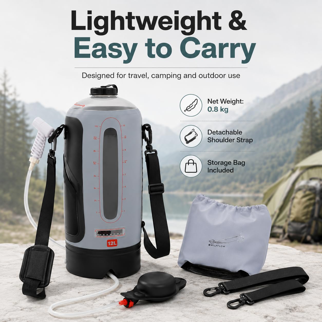 Doccia da campeggio portatile da 12 l, con pompa a pressione, riscaldamento solare e indicatore di temperatura, impermeabile, per campeggio, escursionismo, giardino, con borsa portaoggetti, tracolla e