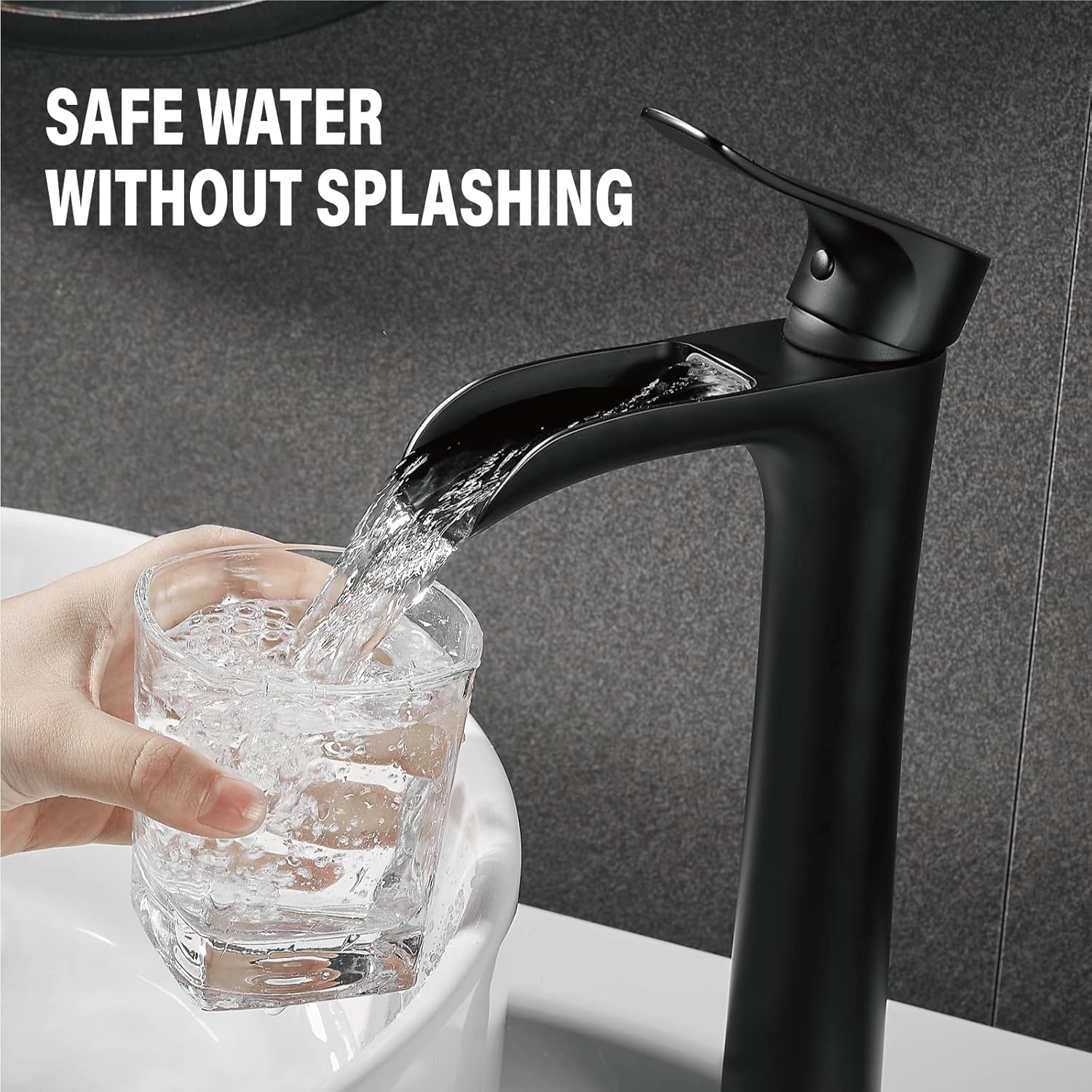 YUNDOOM Matte Black Vessel Sink Faucet, Deck Mount, Single Hole, Waterfall Design, Easy Installation, Durable, Drip-Free, Ceramic Disc Cartridge Valve, Solid Brass Material - Image 5