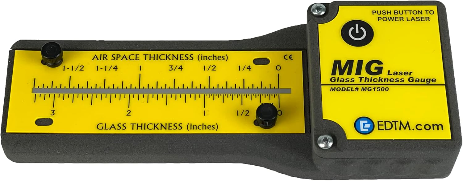 EDTM MG1500 “MIG” Laser Glass Thickness Gauge – Measures IG Units, Laminated & Triple-Pane Glass - Air Space & Overall Thickness with Laser Reflection - Case & Batteries Included, Made in USA