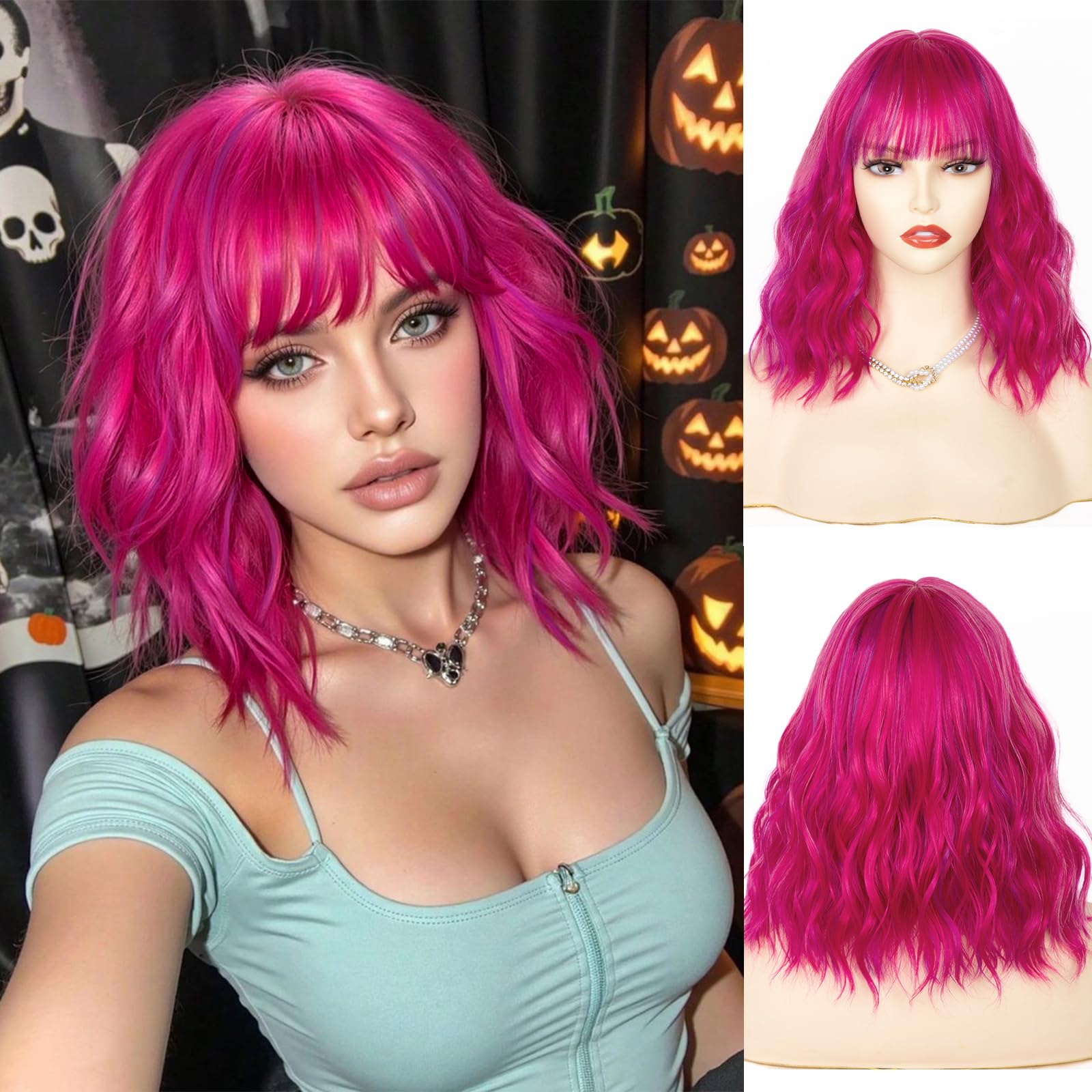 NAYOO Hot Pink Bob Wig with Bangs for Women – 14 Inch Wavy Short Wig, Shoulder Length Pink Wig for Women, Natural Looking Synthetic Hair for Cosplay,