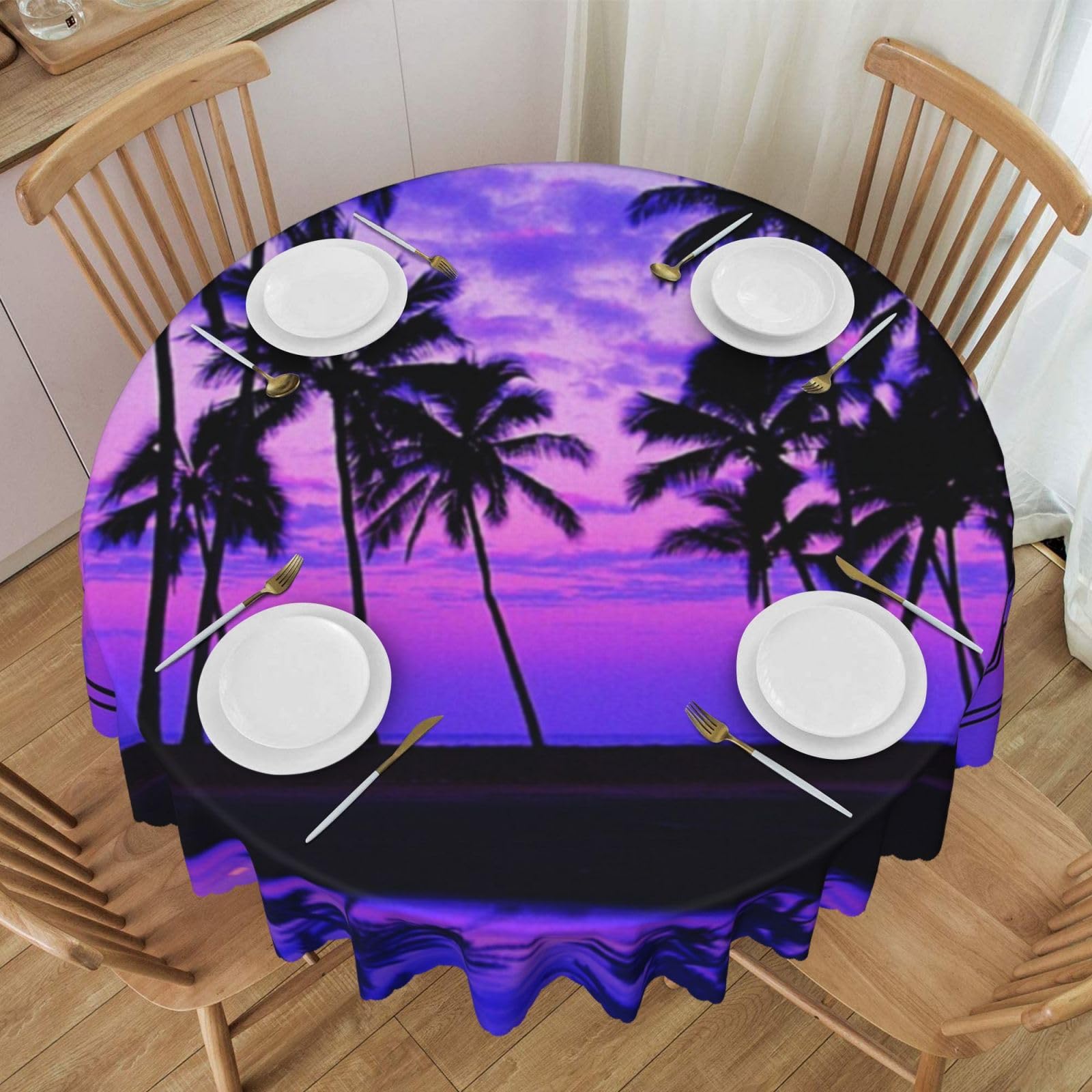 DCEHGEW 60 In Round Tablecloth with Lace, Palm Tree Purple Sunset Printed Oilproof & Washable Fabric Picnic Table Cloth Table Covers