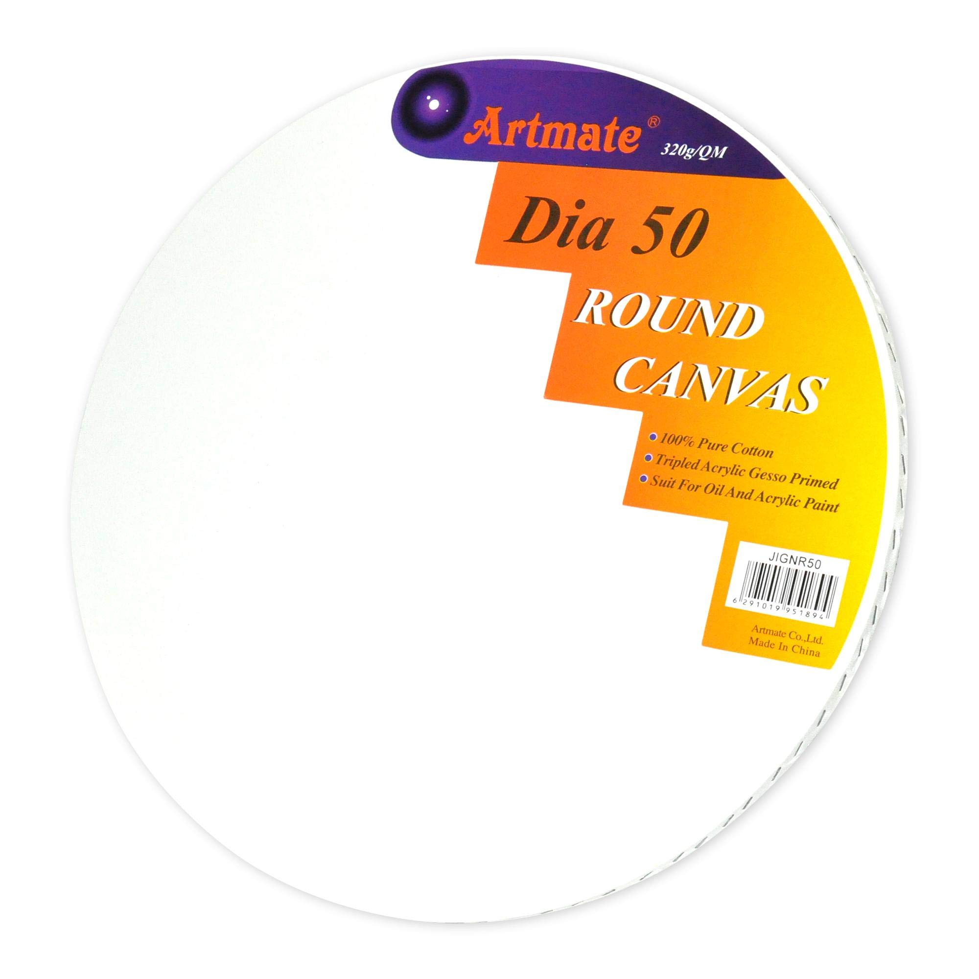 ARTMATE® Artist Canvas, Size 20 Diameter, 320gsm, Round Shape Canvas, Cotton Material, Solid Wood Frame Construction & Back Stapled, Tripled Acrylic Gesso Primed, White Color-JIGNR20