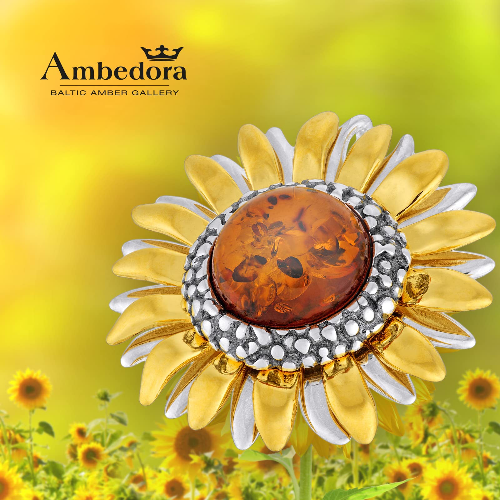 Damen Brosche Anhänger Sterling Silber Poliert, Oxidiert, Vergoldet, Cognac Baltischer Bernstein Rund, Sonnenblumen Brosche mit Anhänger Funktion, Geschenk Set