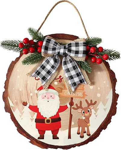 Letreros colgantes de madera de Navidad de 12 pulgadas para puerta, decoraciones navideñas redondas, letreros de corona de Navidad con lazo a