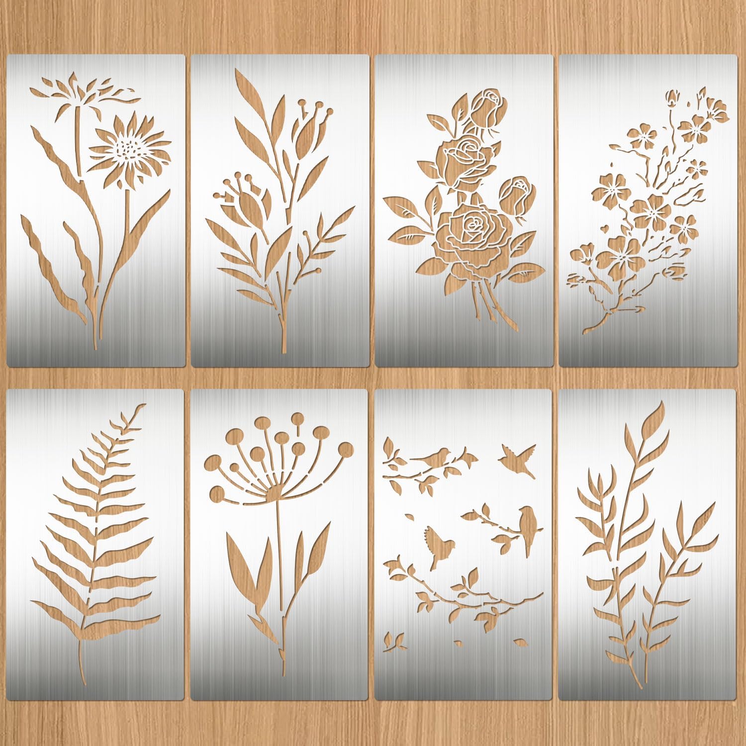 Eageus 8 Pcs Metal Stencils Wood Burning Stencil Lettering Stencils for Painting, Reusable Sunflower Flower Template for Wood Carving Drawing Engraving Journal Craft(Plant Style)