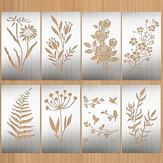 Eageus 8 Pcs Metal Stencils Wood Burning Stencil Lettering Stencils for Painting, Reusable Sunflower Flower Template for Wood Carving Drawing Engraving Journal Craft(Plant Style)