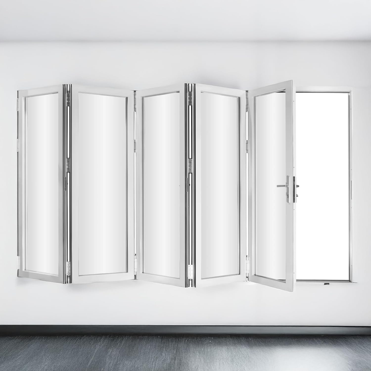 5 Panel, Folding Patio Door, (0R5L) Outswing, Folded Out, Right to Left Aluminum Folding Door (BIACK, 144"*96")