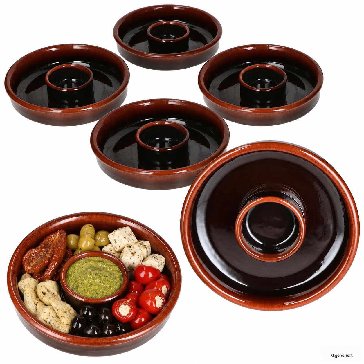 MamboCat Juego de 6 bols à tapas Ø 17,8 cm | Cazuela marron foncé, olives, tapas, antipasti, apéritifs, plateau central intégré et bol à trempette, apéritifs, apéritifs