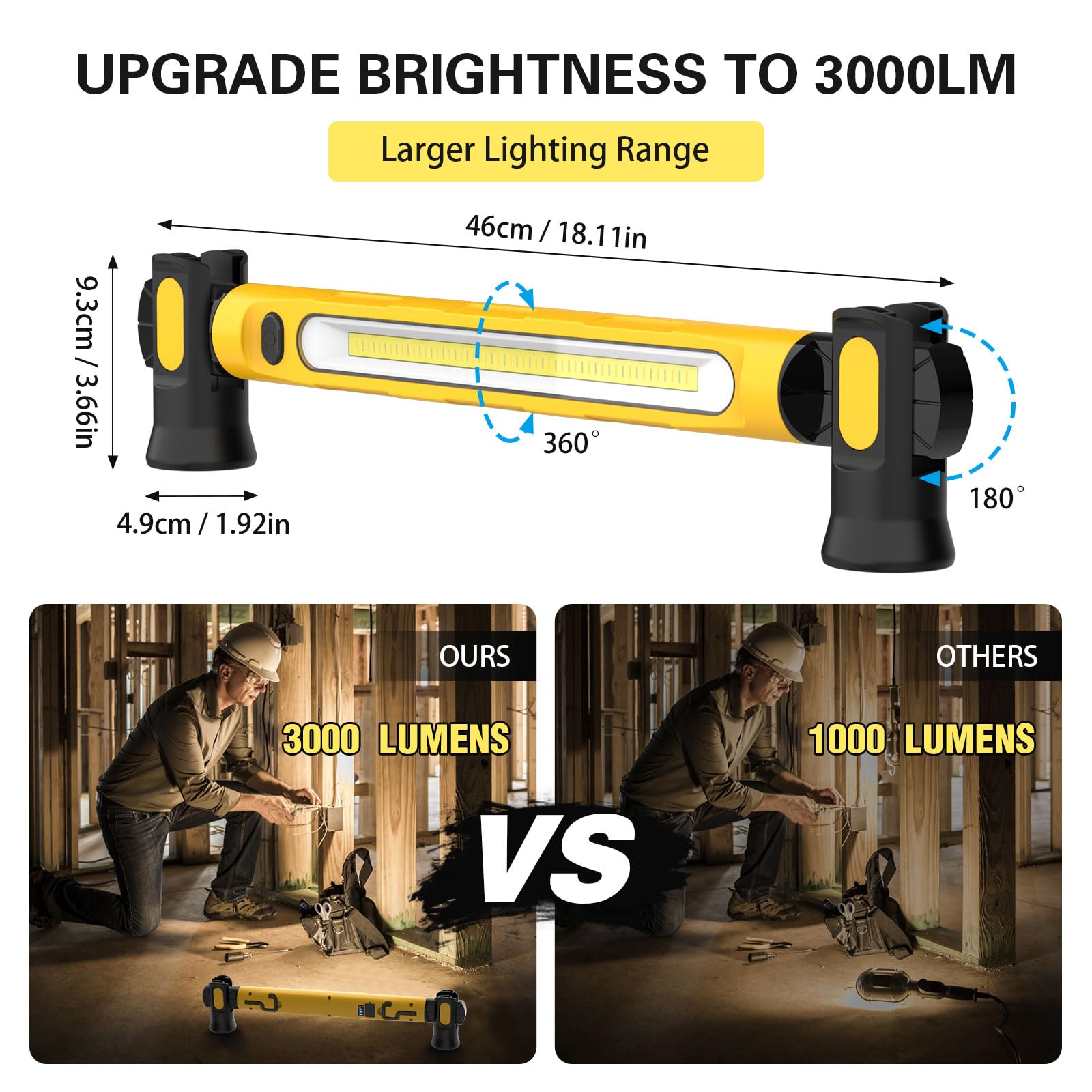 ERAY Akumulatorowa lampa robocza pod maską 3000 lm, lampa inspekcyjna 6000 mAh, 3 tryby kolorów, regulacja 360°, wyjście USB, wodoodporność IP55, przenośna magnetyczna lampa pod maskę, do garażu