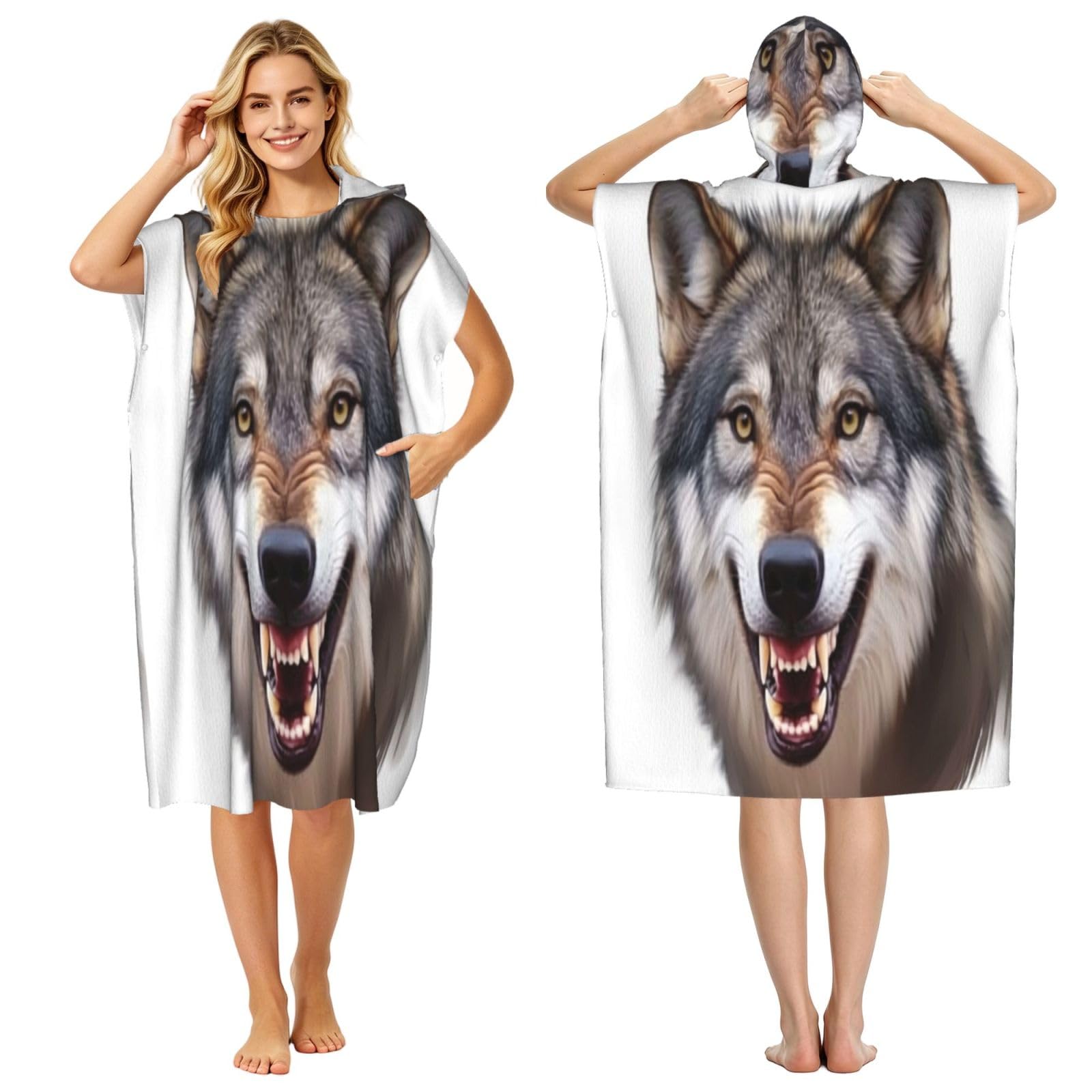 DTHKJNLSF A Furry Wolf'S Head Adult Hooded Beach Poncho Towel