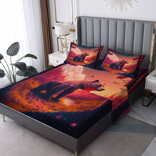 Juego de sábanas Cal King, sábanas de oso  Sábanas y fundas de almohada de microfibra de 4 piezas, juego de sábanas con estampado de animales,
