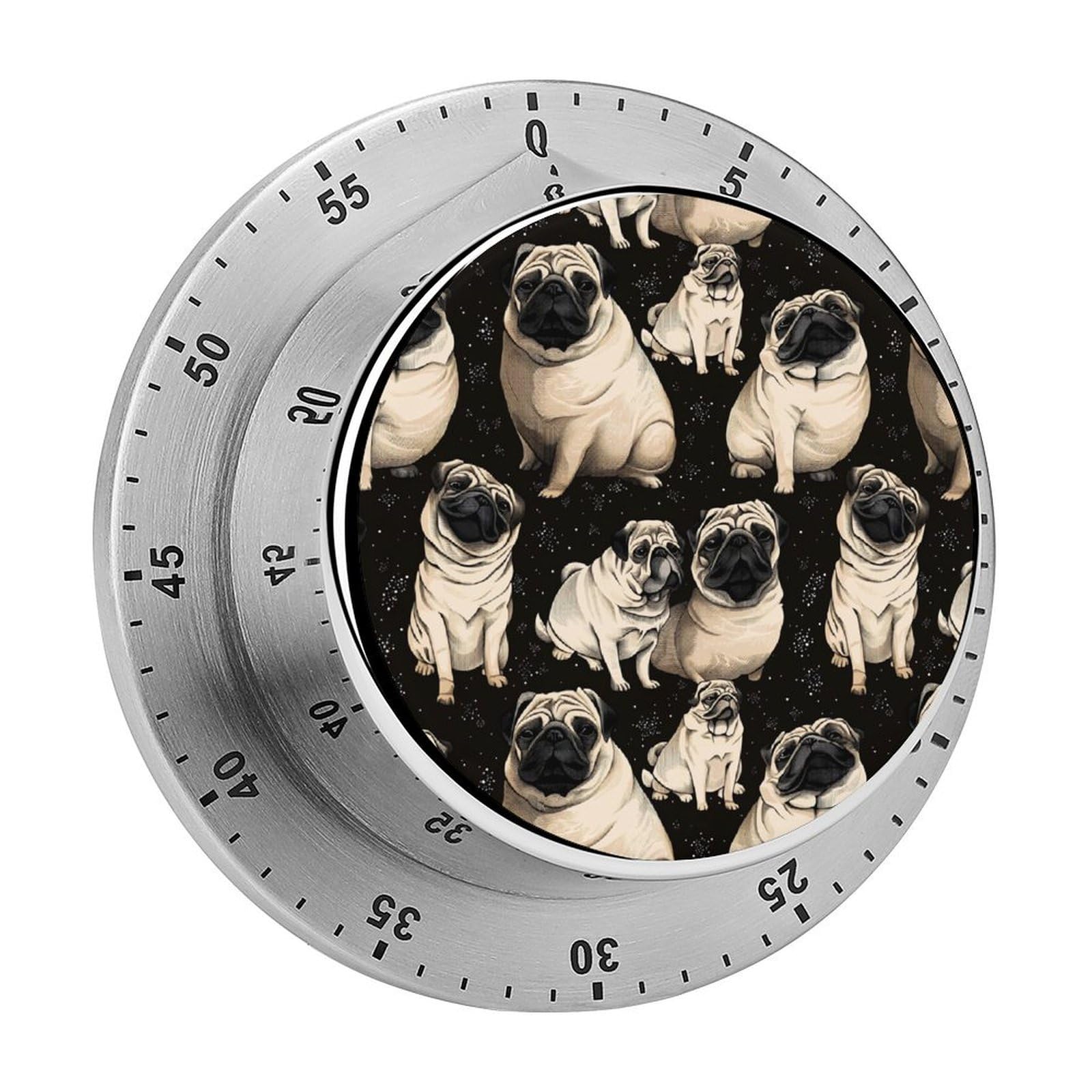 Pug Dogs 60 Minute Wind Up Timer,Visual Mechanical Magnetic Timer with Loud Alarm for Kitchen