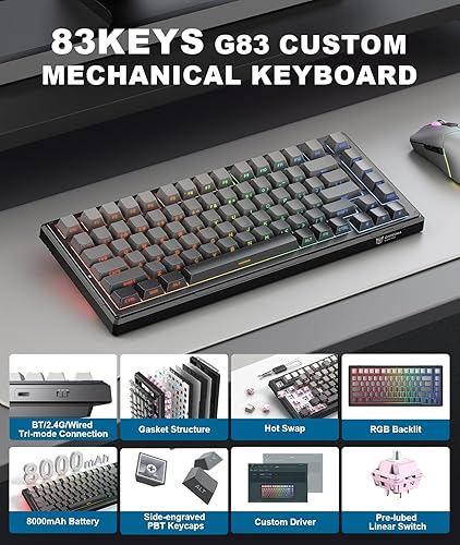 Miniatura 5 de Teclado mecánico inalámbrico para juegos, 8000mAh -Tri-Mode BT5.02.4GHzUSB-C 75% teclado personalizado intercambiable en caliente, retroiluminación