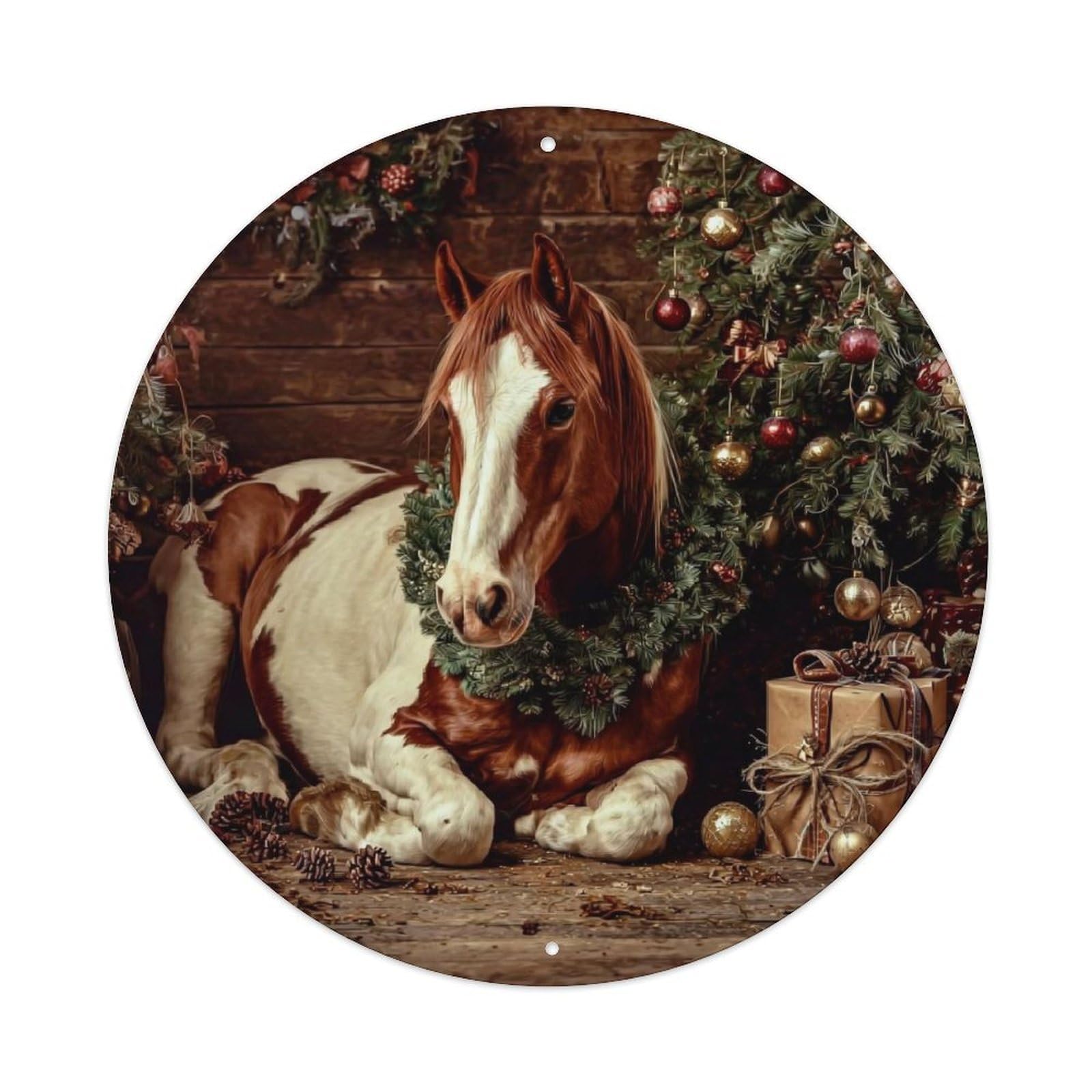 Christmas Horse Wreath Tree Gift Retro Metal Sign Round Tin Sign, Vintage Decor Art Poster for Bar, Home, Man Cave, Kitchen, Laundry Room Gift 8x8Inch