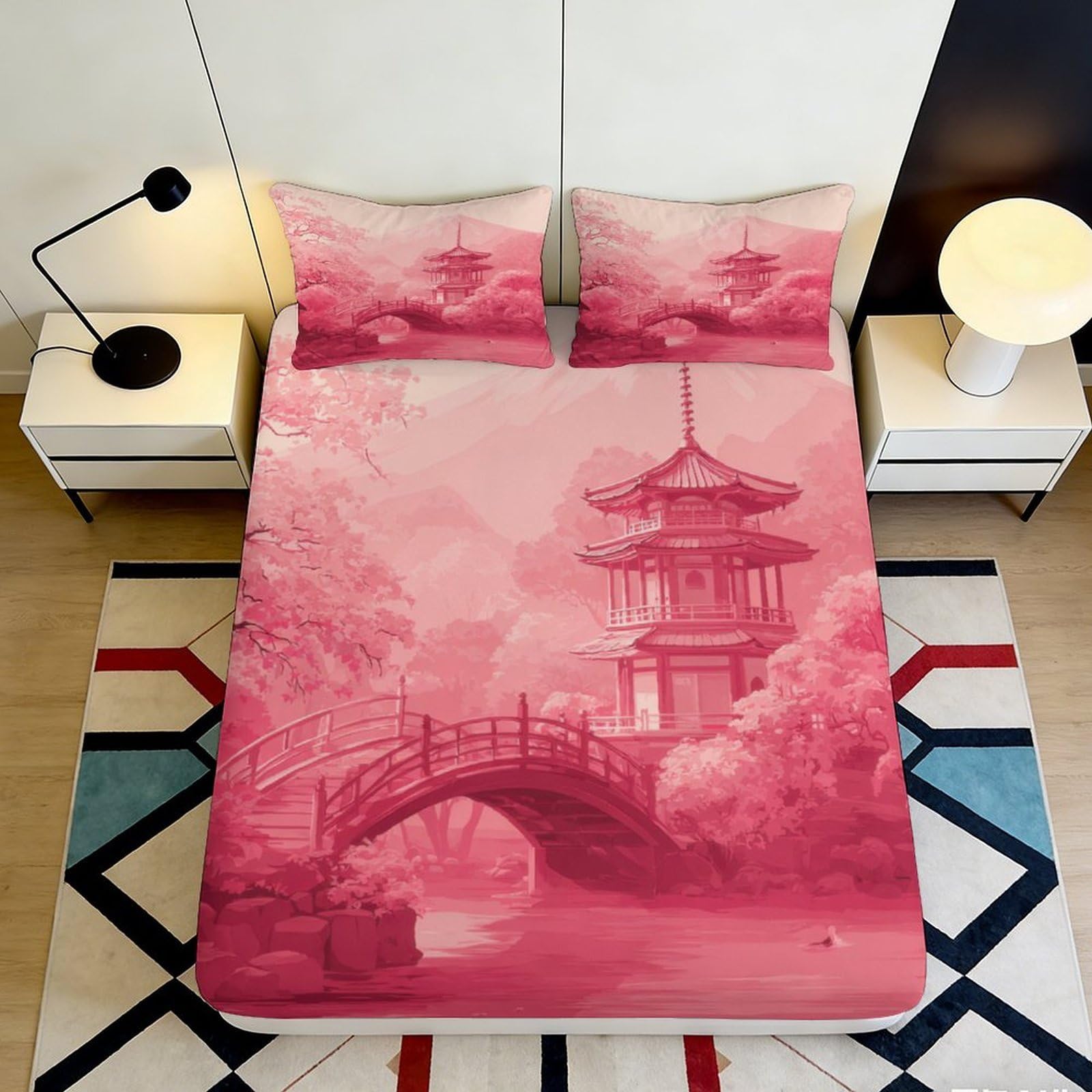 3D Printed Japanese Pagoda Fitted Sheet Microfiber Pink Landscape Bridge Mattress Cover for Bedroom Guest Room Decor 90x200x25cm