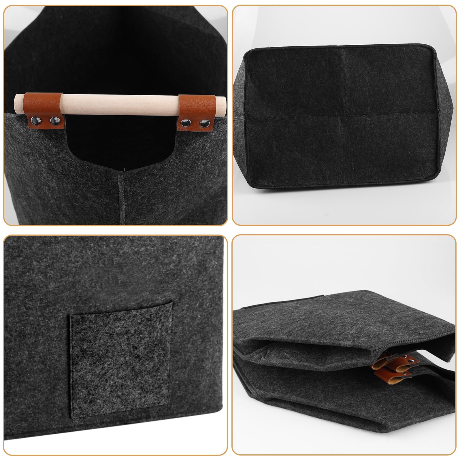 Panier à bois de chauffage en feutre pliable avec poignée en bois renforcé, panier de rangement pour bois de cheminée, courses, journaux (gris)