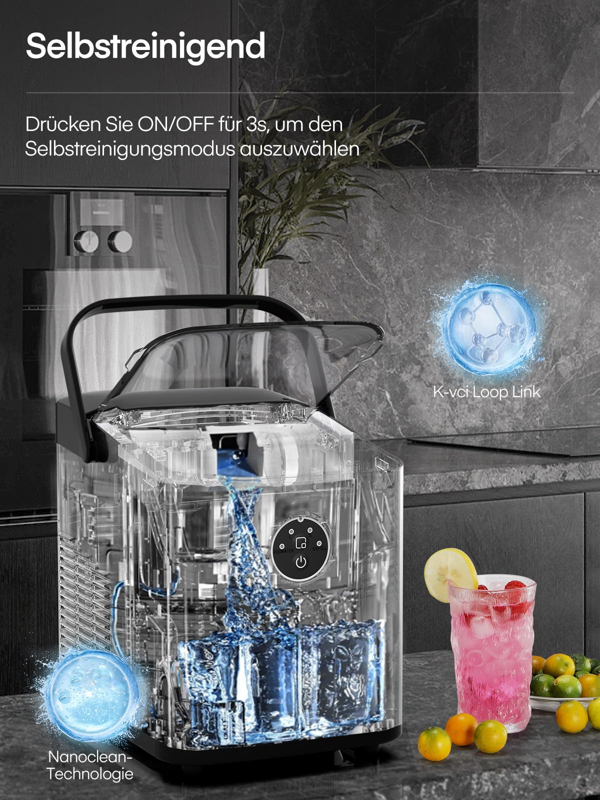 FOHERE Eiswürfelmaschine 14kg 24h Bullet Ice 2 Größen Selbstreinigend Ice Maker Party Büro RV Tiefschwarz