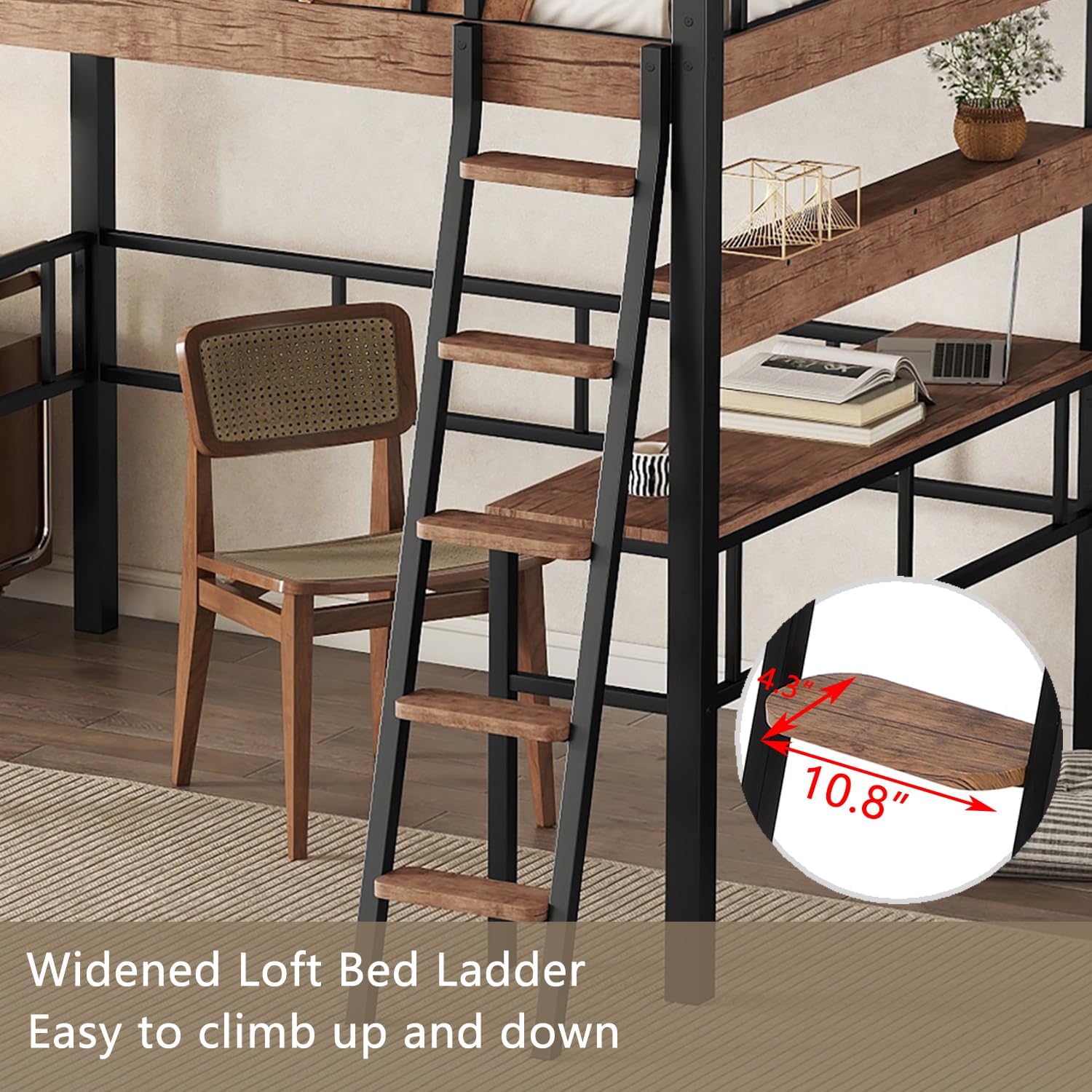 Bellemave Full Size Loft Bed with Desk and Storage Shelf, Metal Loft Bed Full Size with Wider Ladder and Full Length Guardrail, Full Size Loft Bed for Kids, Teens, Full Size Loft Bed Black+Natural