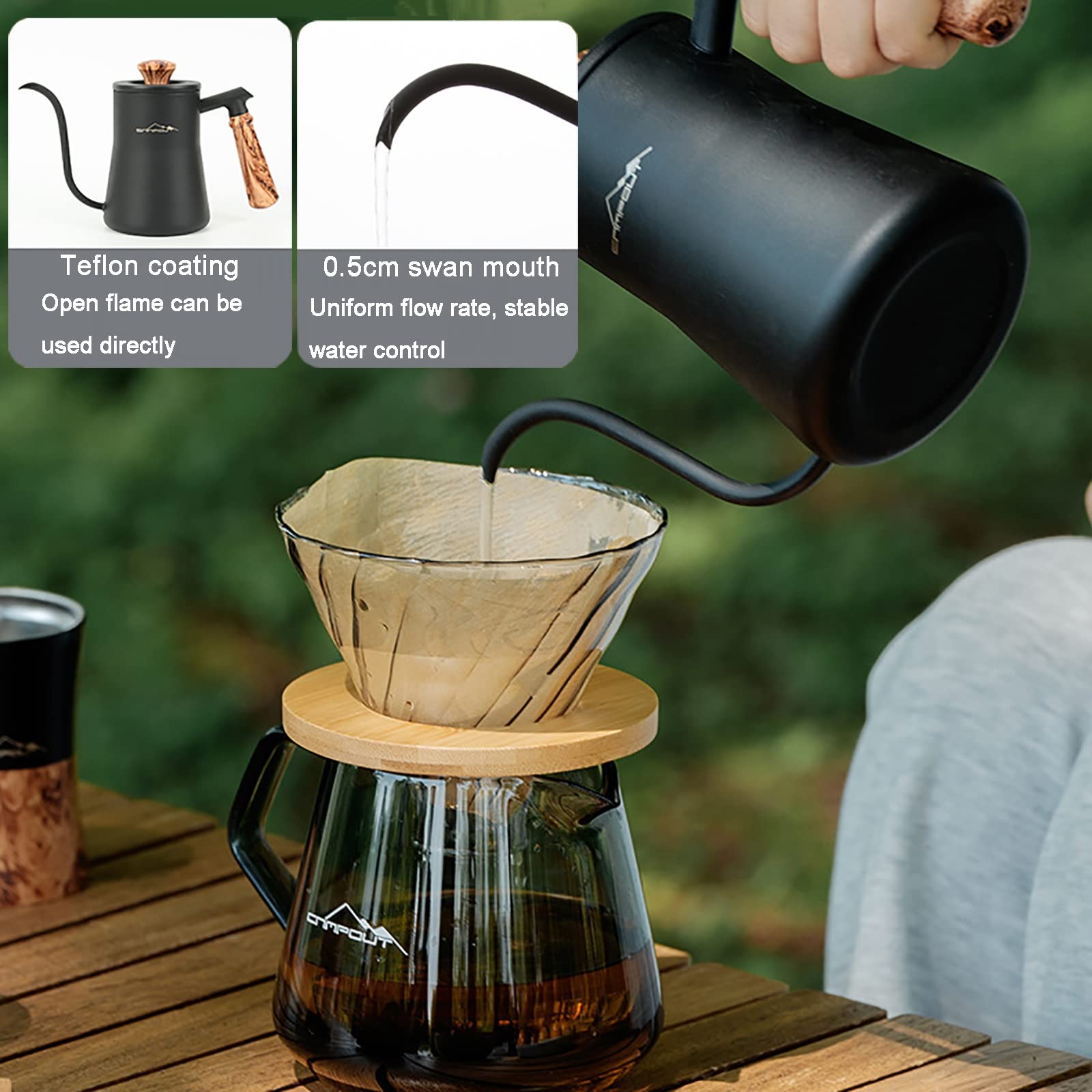 Juego De Cafetera De Vertido para Viajes/Camping/Senderismo, Taza Individual, Filtro De Café De Acero Inoxidable, Taza De Vidrio De Borosilicato, Molinillo Manual, En Casa/Oficina (Size : Sets)