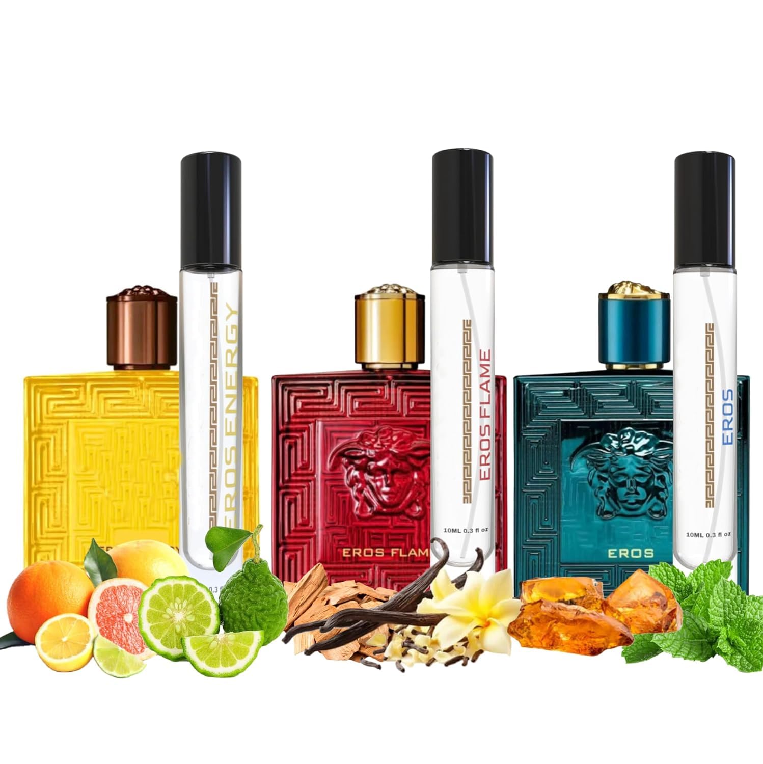 Equivalence 3 Pieces Set Eau De Parfum Spray for MEN edition travel Size BUNDLE 0.34 Ounce ENERGY + EROS FLAME+EROS, LARGE BOTTLES NOT INCLUDED It is only a reference