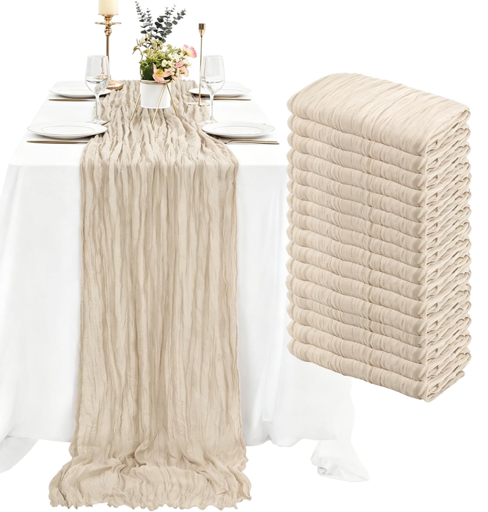 Photo 1 of 16 Pack Beige Cheesecloth Table Runner 35x120 Inch Boho Gauze Cheese Cloth Table Runners, 10 FT Long Rustic Sheer Table Runners for Wedding Bridal Baby Shower Birthday Party Table Decorations