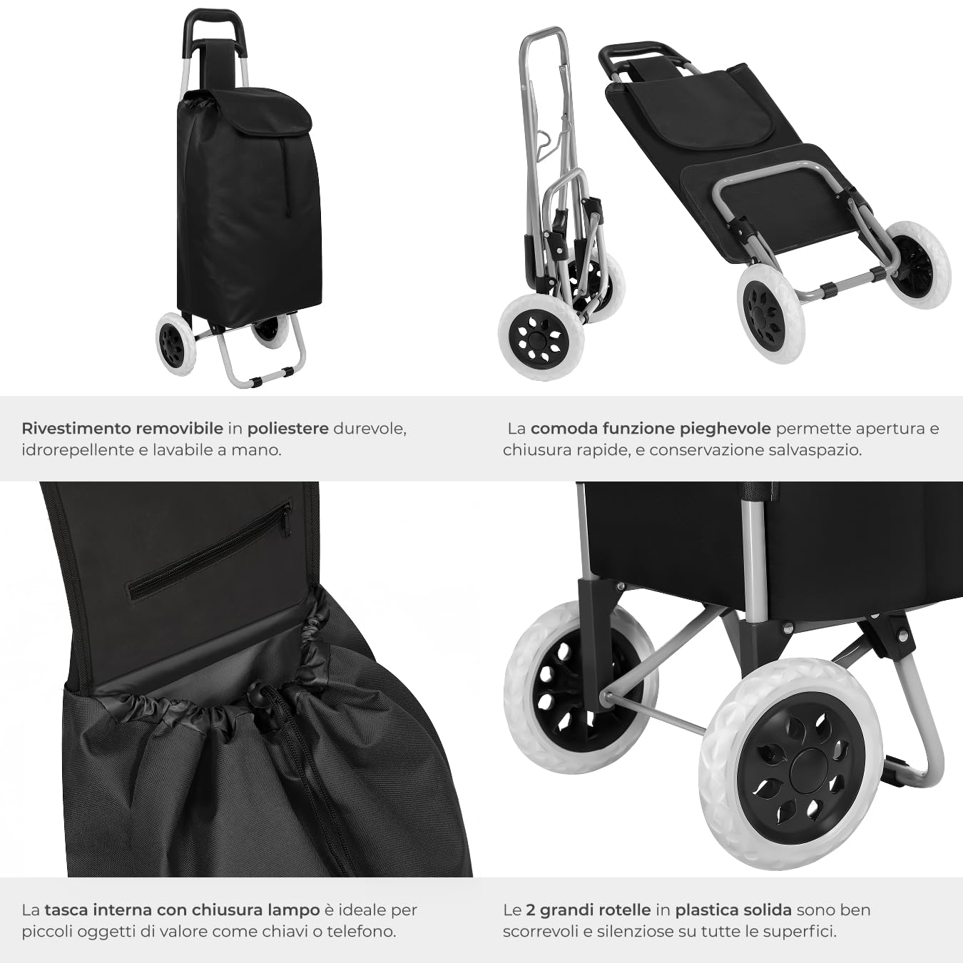 tectake® Trolley per la Spesa, 2 Ruote, Pieghevole, con Sacca Asportabile, Grandi Ruote, Chiusura con Cerniera, Tasca Piccola, Disponibile in Diversi Colori - Nero