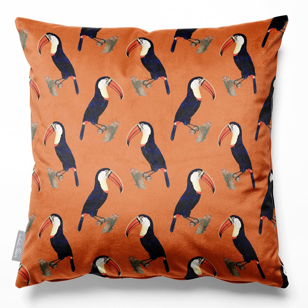 Izabela Peters Toucans - Burnt Orange Cushions With Covers Included, Filled Cushion, Eco-Friendly Velvet Cushions, 40 Cm, Chair Cushions, Sofa Cushions, Seat Cushions, Large Cushions