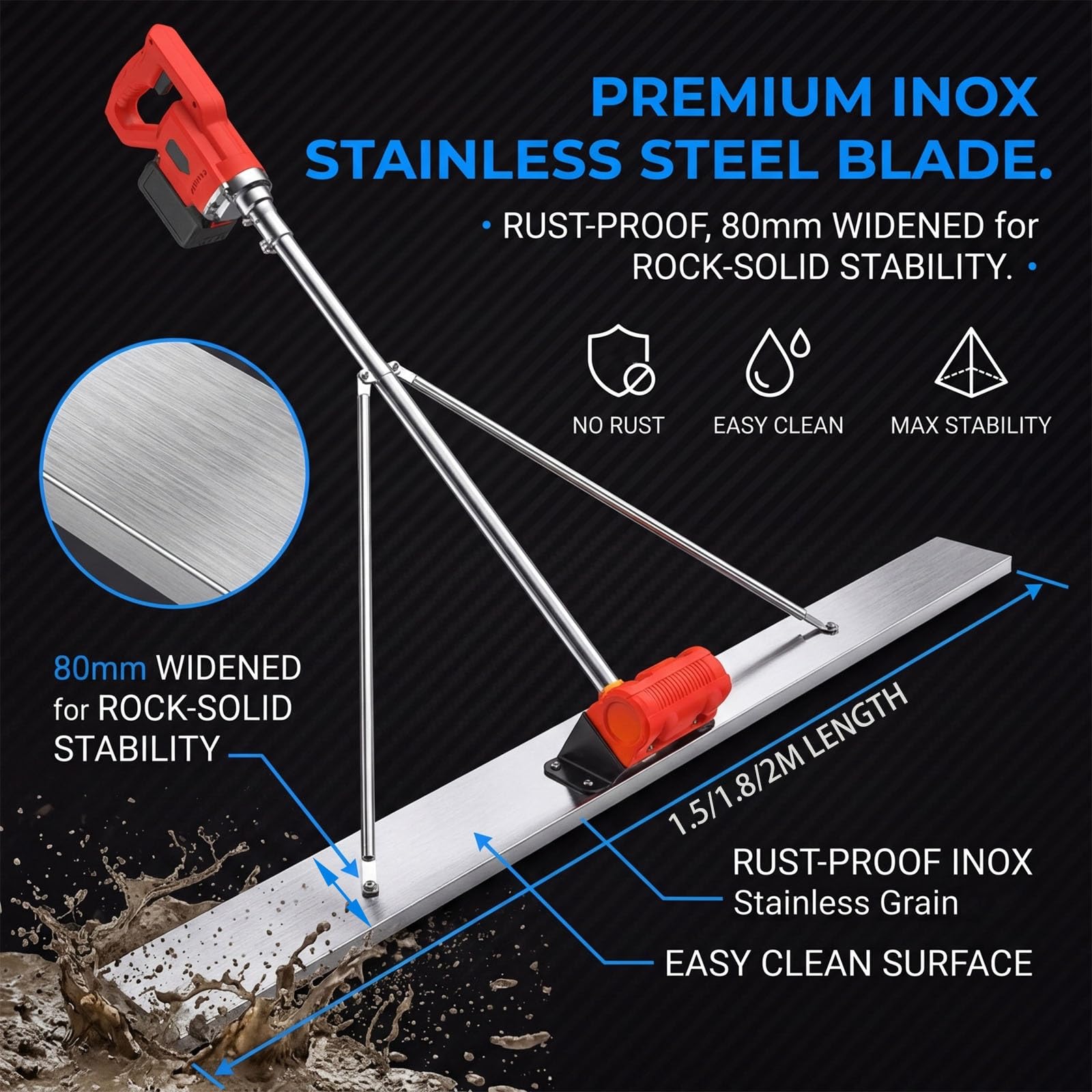 Regla Vibratoria Profesional para Construcción, Herramienta de Nivelación Sin Cable con Regla Inox 1.5m 1.8m 2m, Motor Brushless Potente para Acabado de Superficie(1.8M)