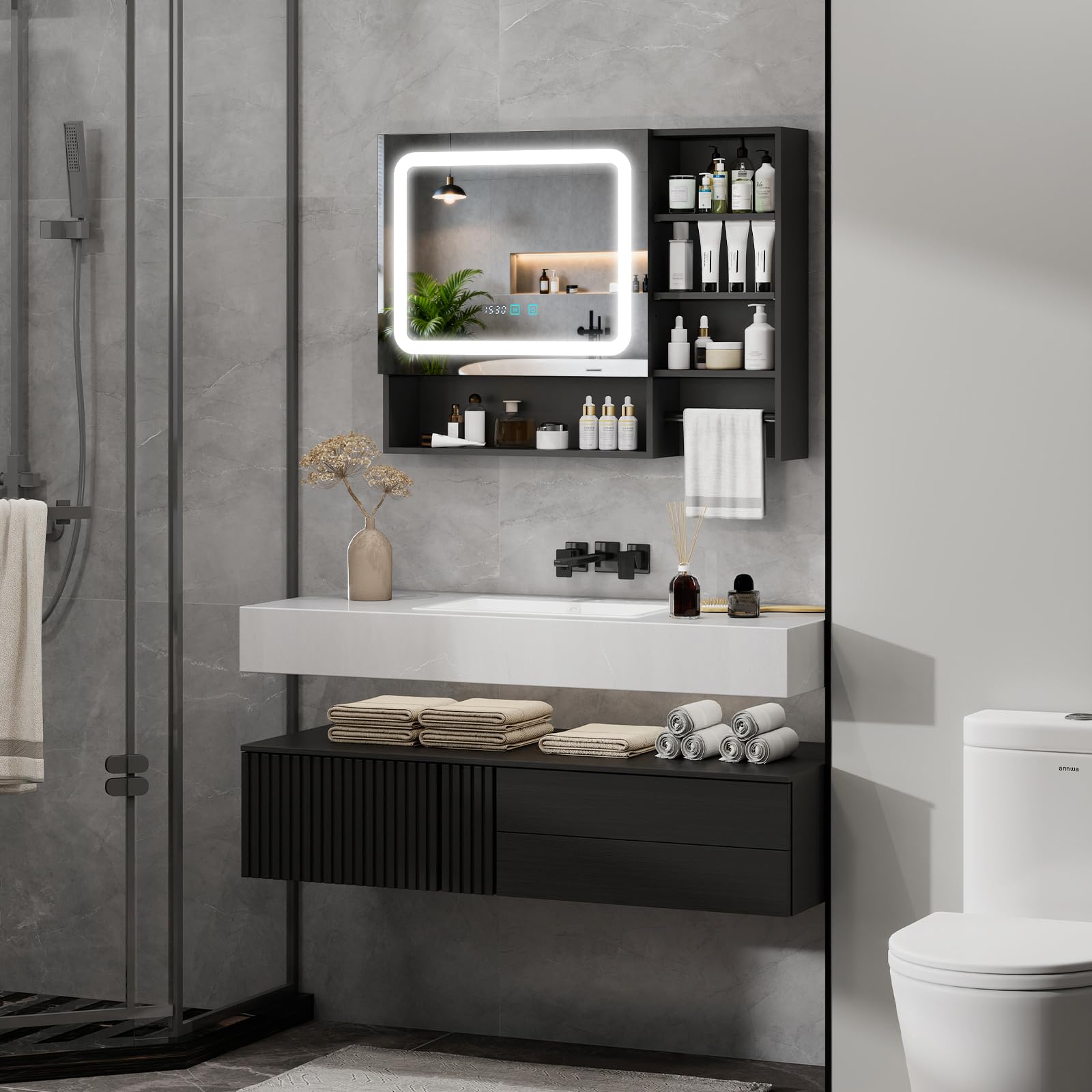 YU YUSING Armoire Salle de Bain avec Miroir LED 80x60cm, Meuble de Toilette Suspendu avec 6 Étagères et Porte-Serviettes, Hauteur Réglable, Anti-Buée, 3 Températures de Lumière Réglables, Noir