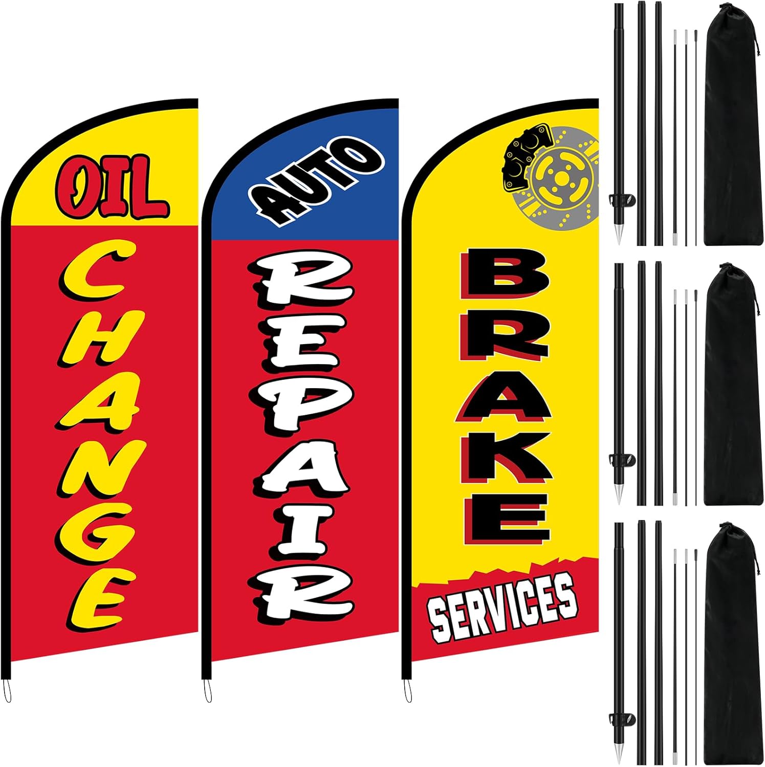 3 Sets Auto Repair Feather Flag with Pole Kit 7 ft Large Advertising Flags for Business Outside Automotive Service Brake Oil Change Banner Feather Signs Auto Repair Shop Supplies