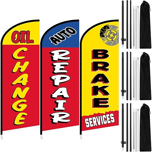 Hahafelt 3 Sets Auto Repair Feather Flag with Pole Kit 7 ft Large Advertising Flags for Business Outside Automotive Service Brake Oil Change Banner Feather Signs Auto Repair Shop Supplies