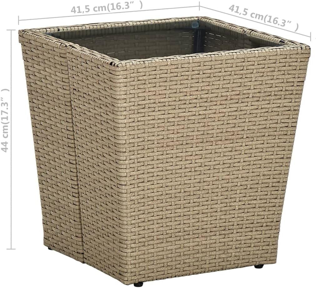 Modern Outdoor Tea Coffee Table Beige Poly Rattan with Tempered Glass top 16.3x16.3x17.3 in. Compact Patio Furniture for Balcony Garden and Terrace use