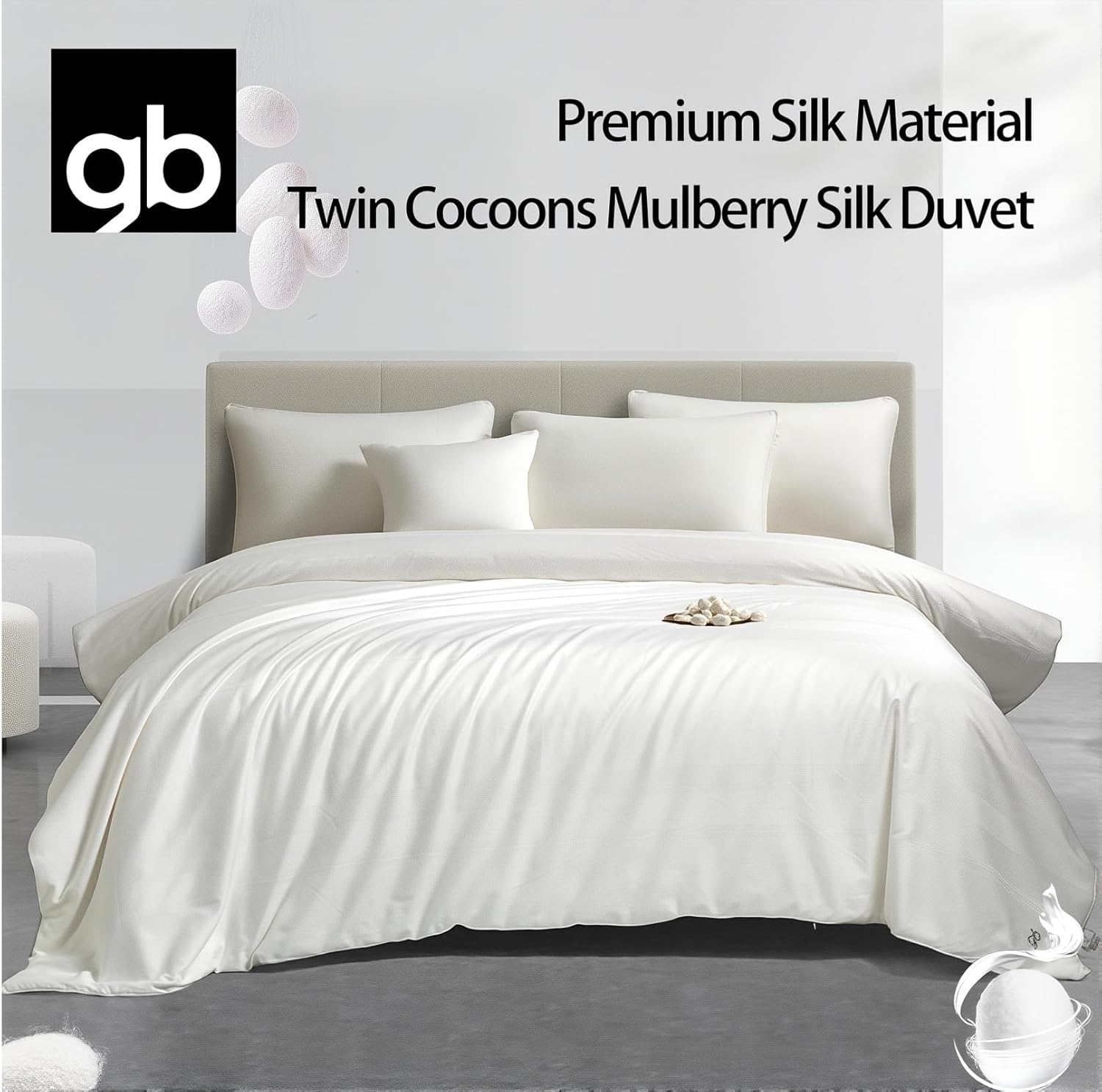 gb Pure Cotton Mulberry Silk Quilt, Double Cocoons, Lightweight Soft Smooth Breathable with Cotton Jacquard Cover,150x115cm, 200g