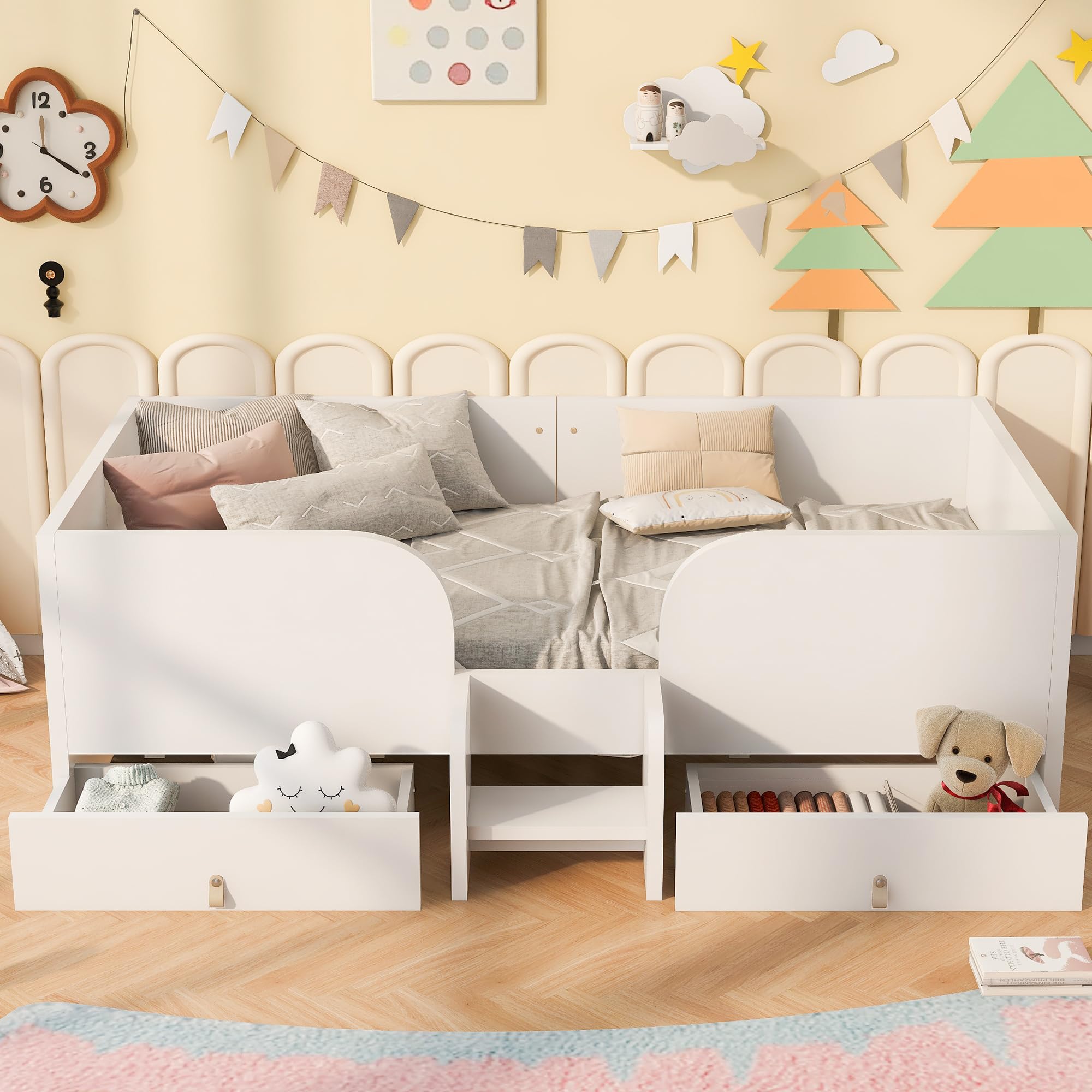 Lettino Singolo 90x200 con Due Cassetti e Piccolo Gradino Letto con Cassetti con Sponde Alte a Barre e Rete di 15 Doghe Letto in Legno in Compensato e MDF per Camera Bianco