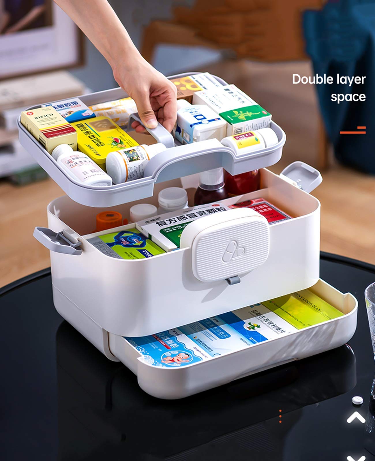 Conservazione familiare, Cassetta dei medicinali Scatola per medicinali Custodia medica per famiglia Armadietto per farmaci Contenitore in plastica Scatola a 2 strati con coperchio rimovibile 30X