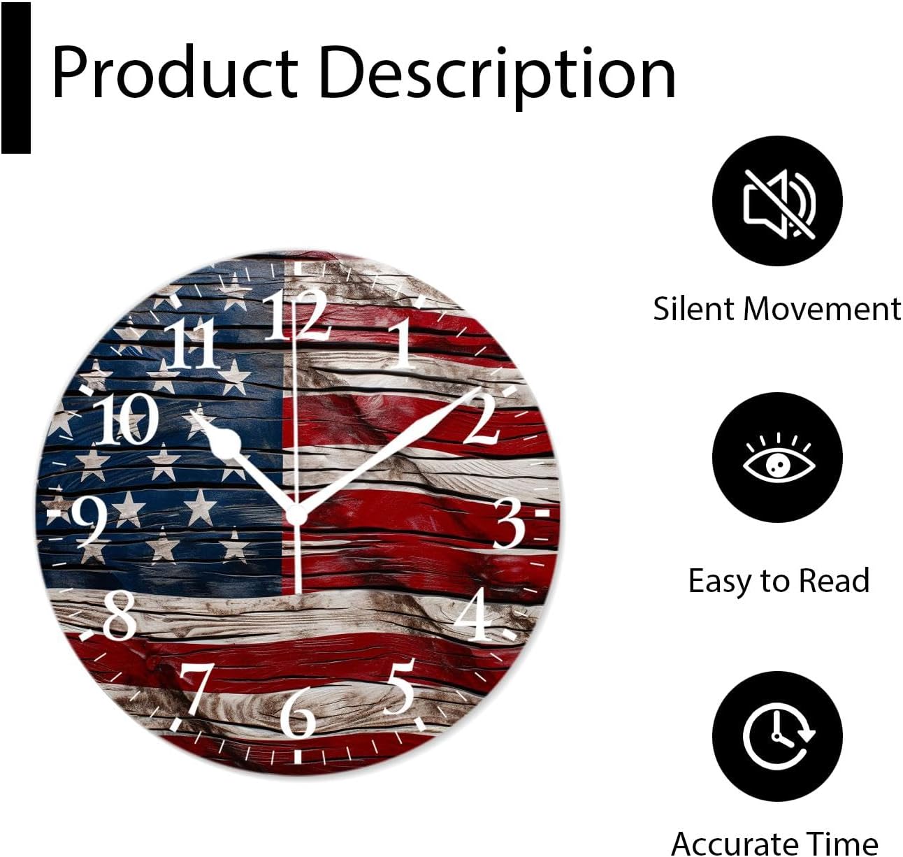 Flag Wall Clock Silent Non-Ticking Battery Operated Modern Wall Clocks Decorative for Bathroom Kitchen-American Flag Painted On Wood(14inch)