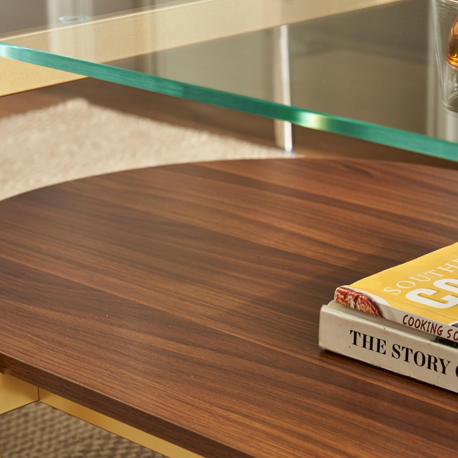 Saint Mossi Oval Glass Coffee Table for Small Living Room, Double Layer Glass and Wood Center Table, Clear Glass & Coffee Brown MDF Bottom Shelf, 41”x21 x17, Gold Table Legs